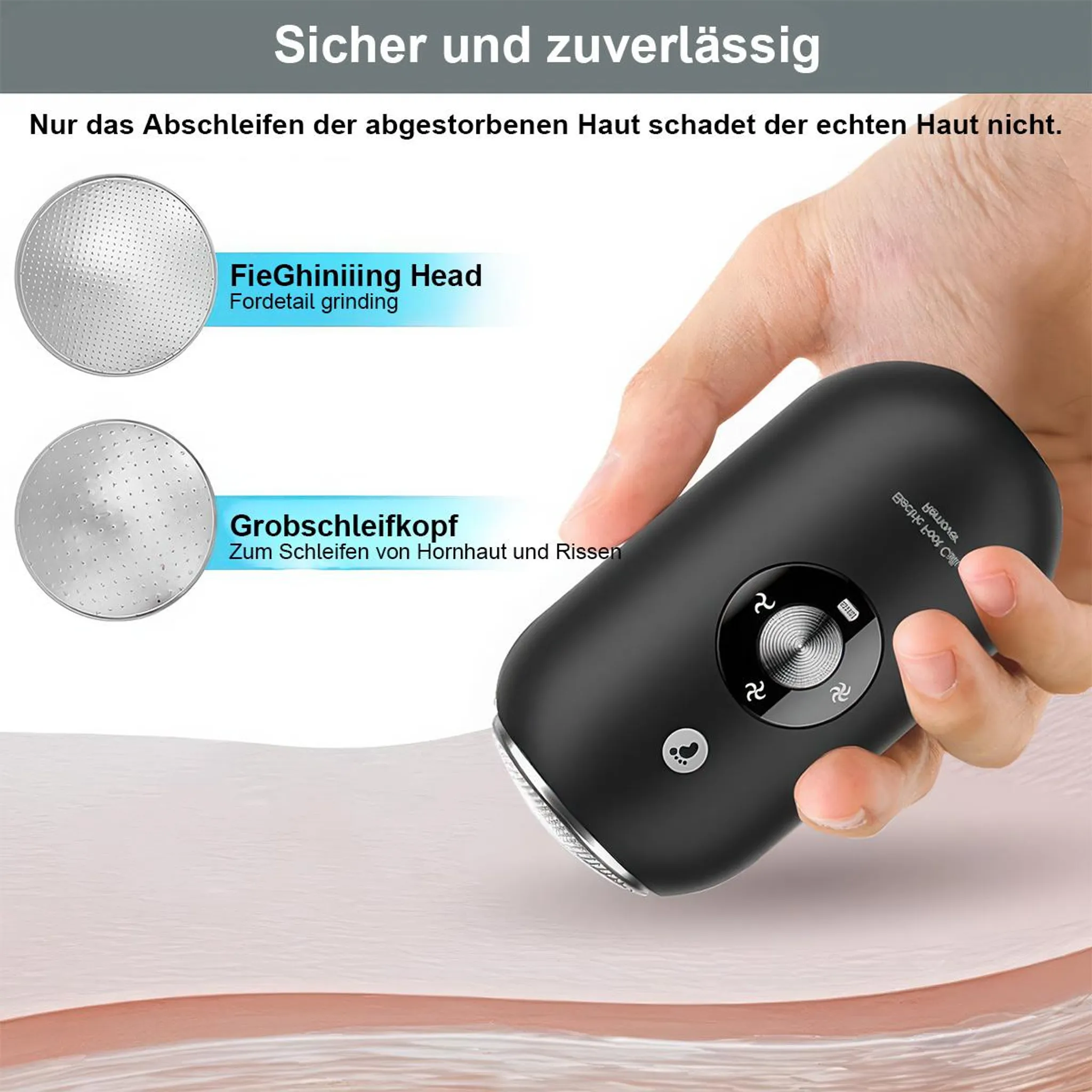 Hand hält ein schwarzes elektrisches Fusspeeling-Gerät mit verschiedenen Aufsätzen.