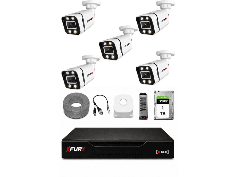 FURY 5 Kameralı 4 Warm LED Gece Renkli Görüş 1 TB HDD 5580 Güvenlik Kamera Seti Siyah