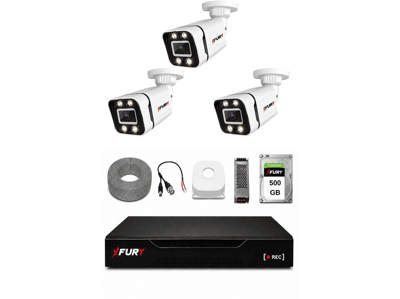 FURY 3 Kameralı 4 Warm LED Gece Renkli Görüş 500 GB HDD 5580 Güvenlik Kamera Seti Siyah