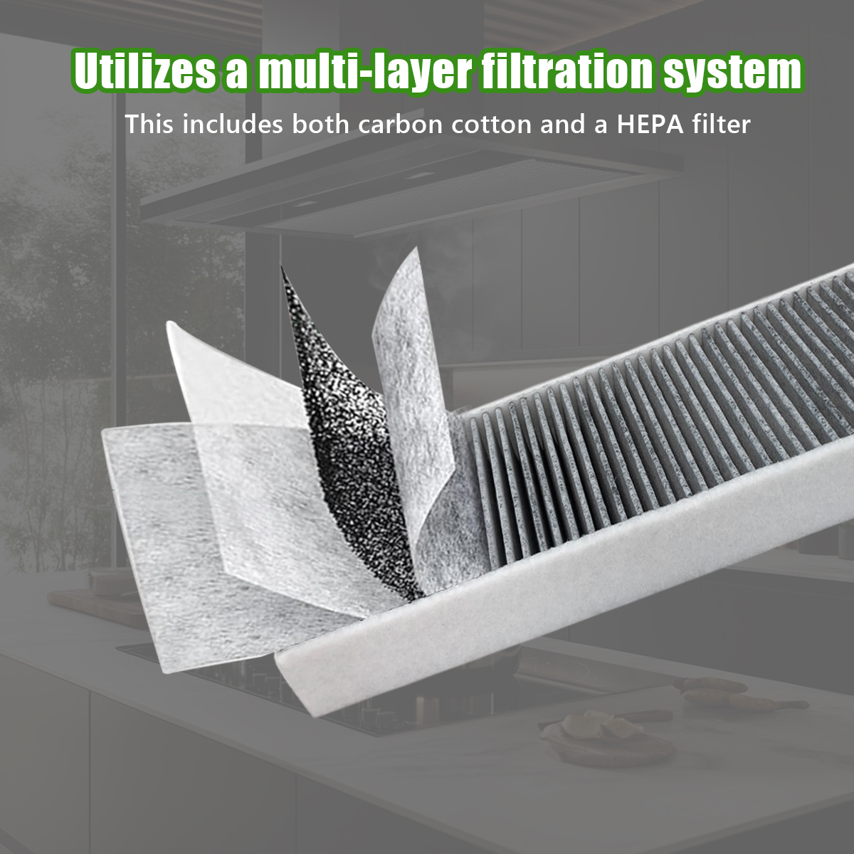 Diagramm eines mehr Schicht Filters mit Kohle und HEPA Schichten.