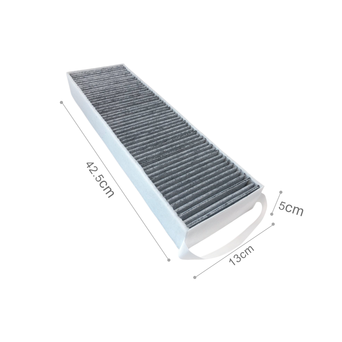 Länglicher, grauer Aktivkohlefilter mit Maßen von 42,5cm, 13cm und 5cm.