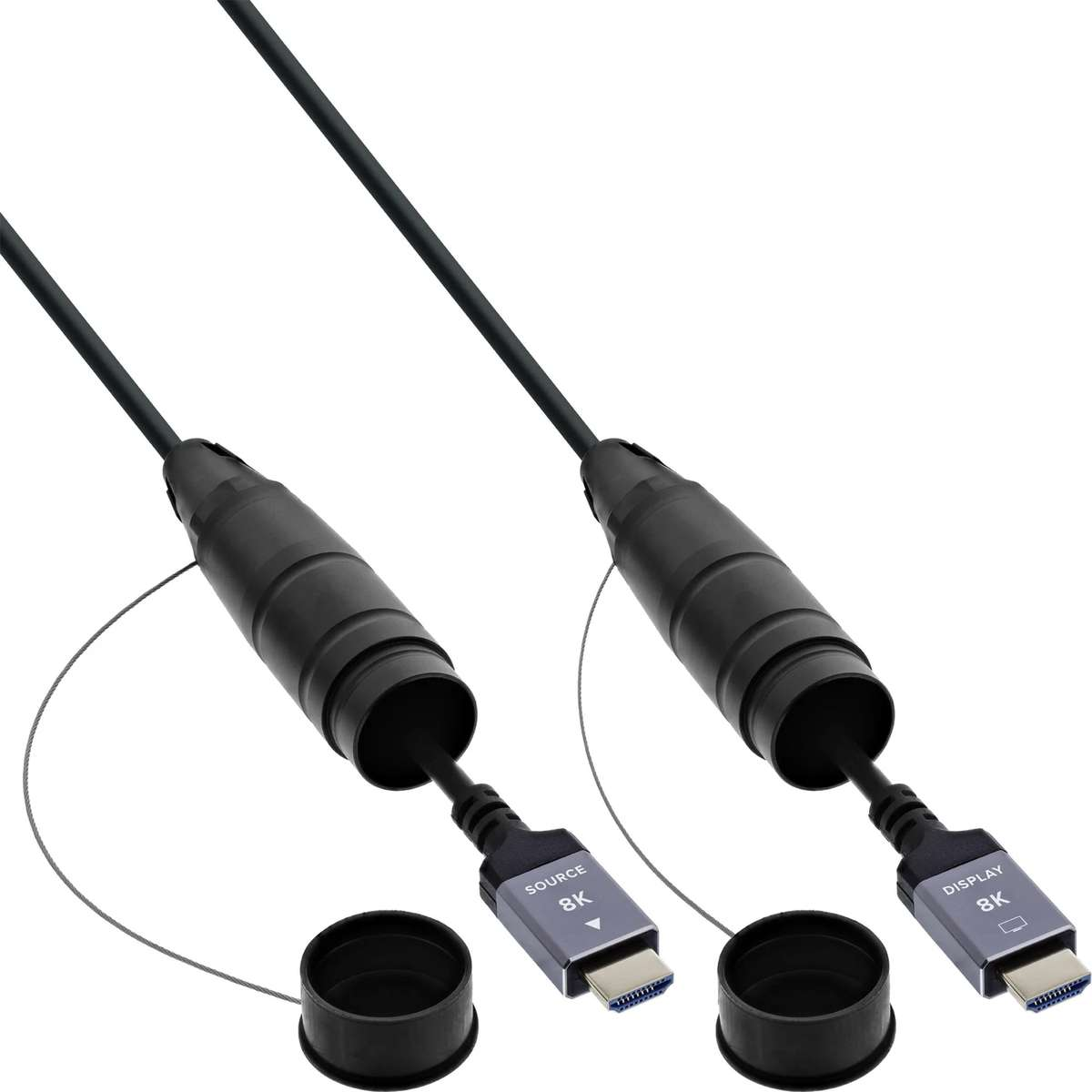 Zwei schwarze 8K HDMI-Kabel mit Source- und Display-Beschriftung vor weißem Hintergrund.