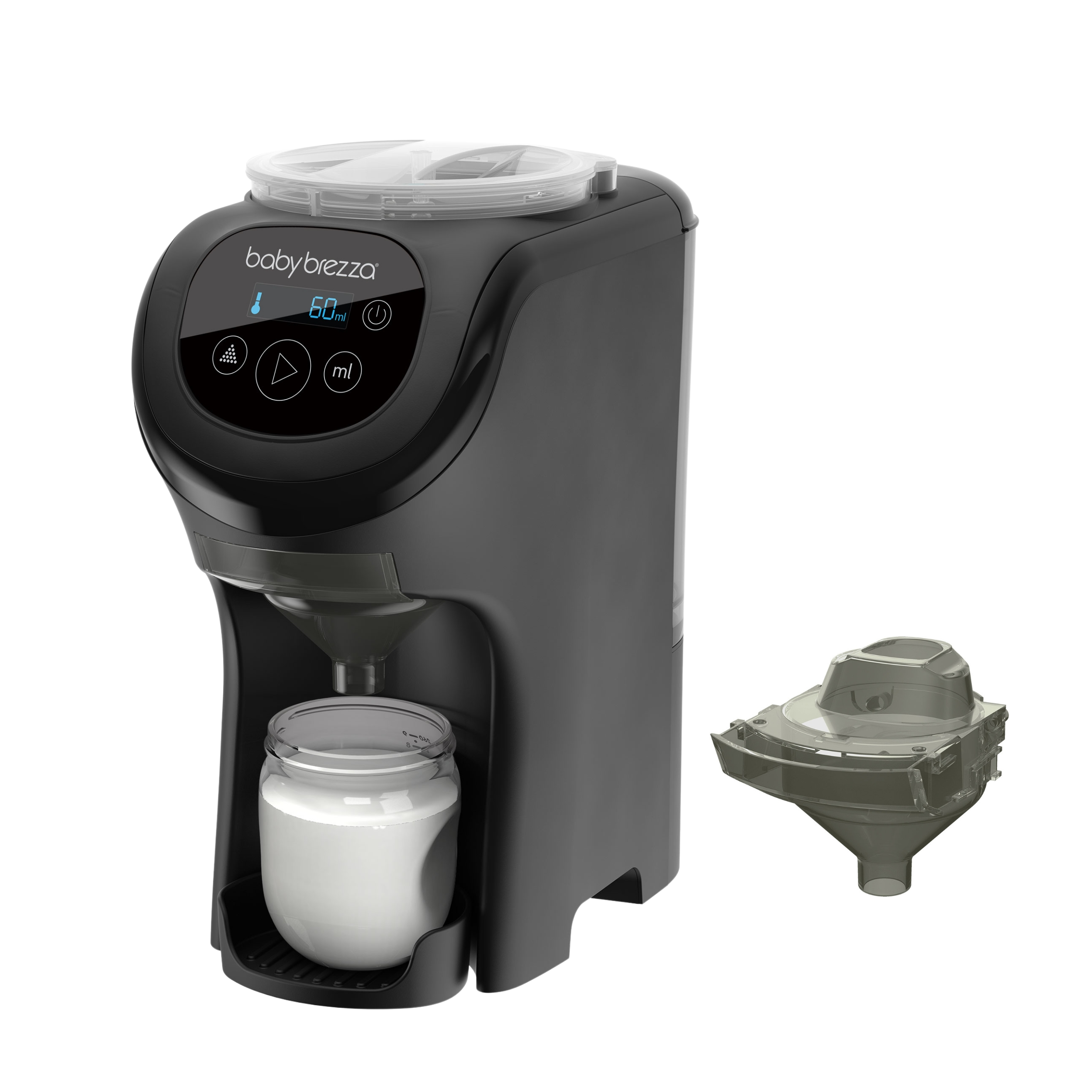 Eine schwarze Baby Brezza Maschine mit gefülltem Glas unten und einem Trichter daneben.