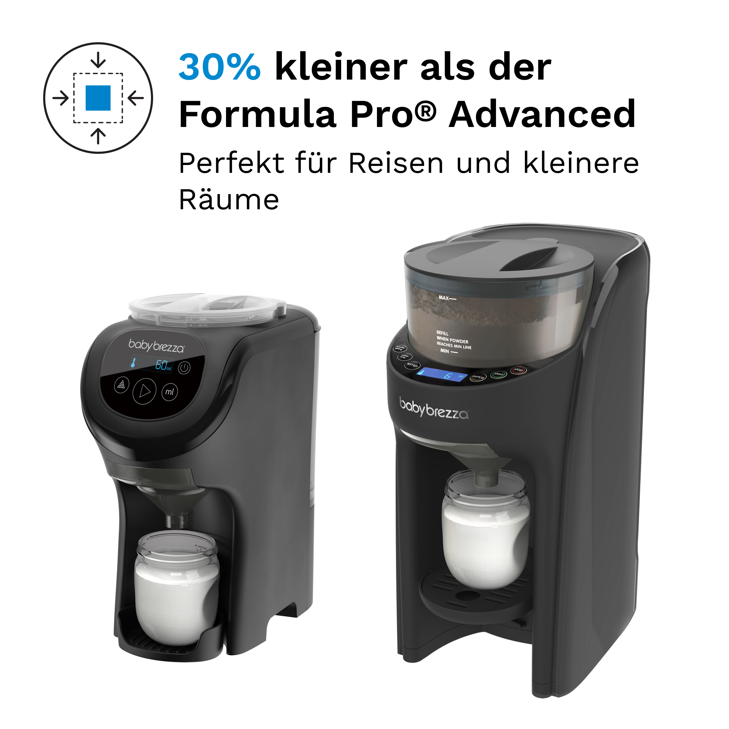 Zwei Babybrezza Maschinen im Vergleich: Die kompakte Mini-Version links und das größere Modell rechts.