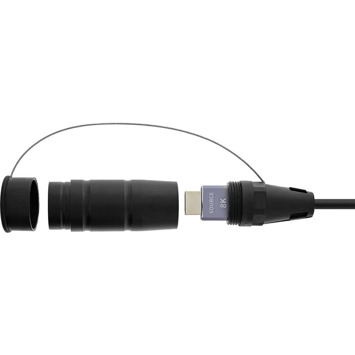 Ein schwarzes 8K-HDMI-Kabel mit Metallgehäuse und abnehmbarer Schutzkappe auf weißem Hintergrund.