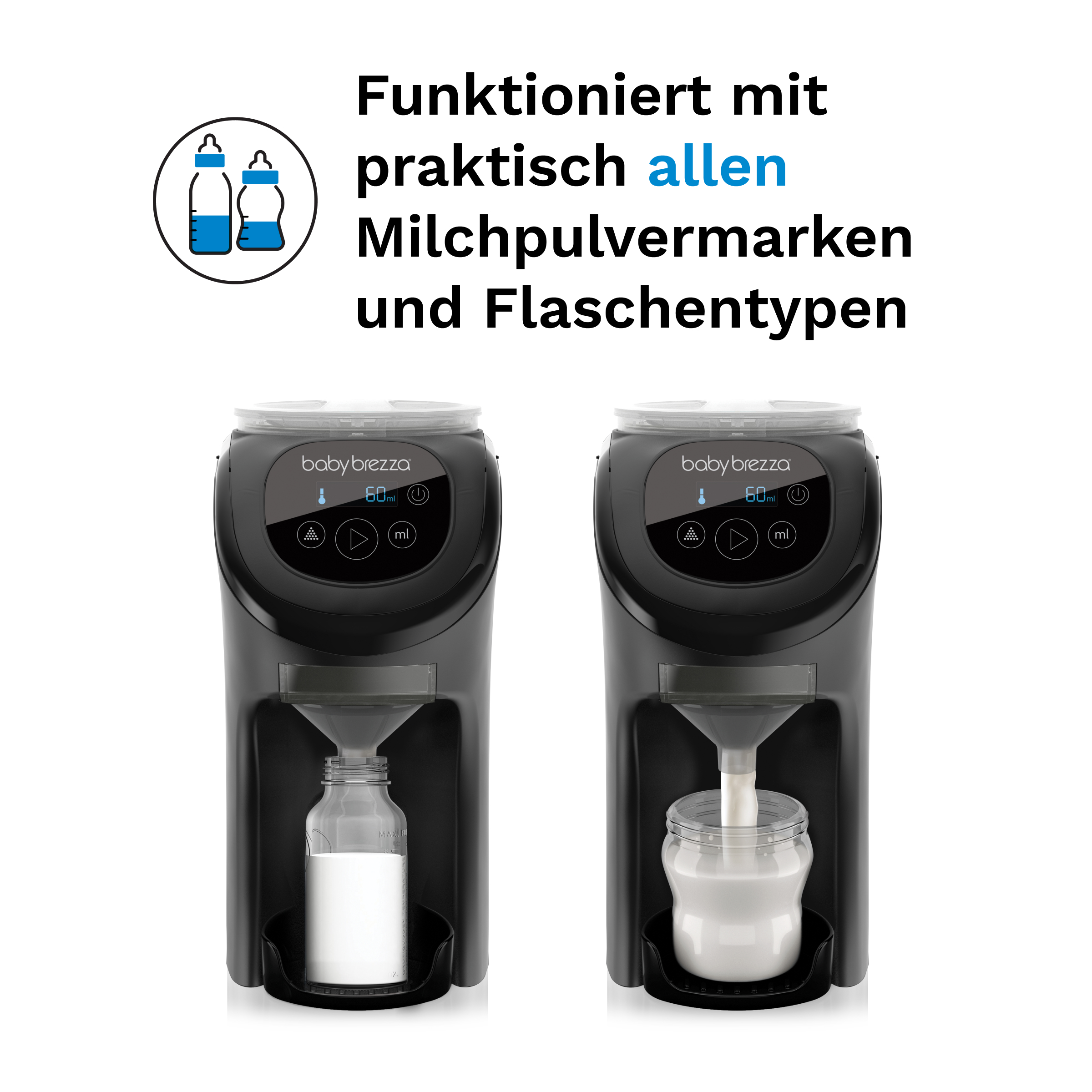 Zwei schwarze Baby Brezza Milchpulver-Mischgeräte, die verschiedene Flaschentypen mit Milch befüllen.