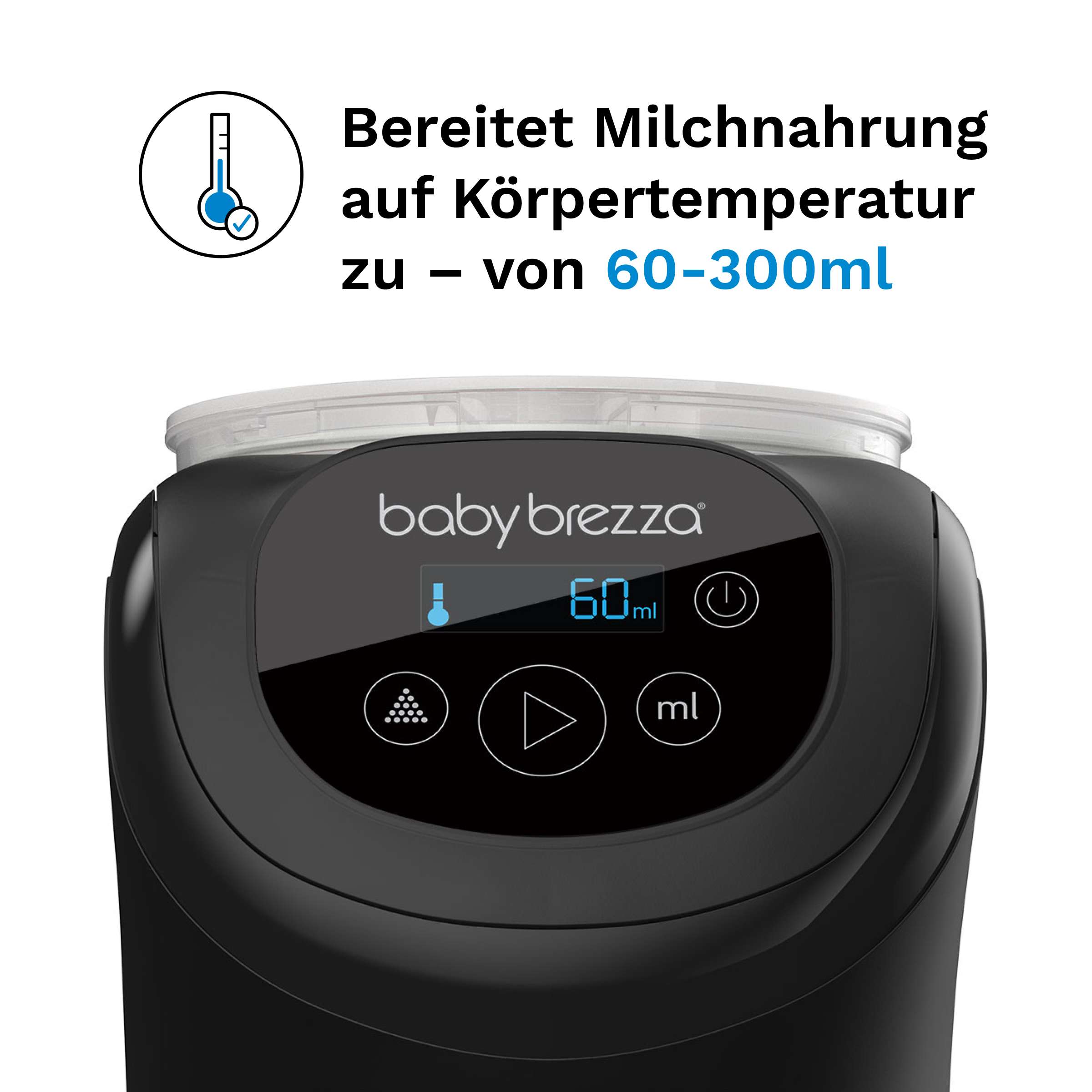 Bedienfeld eines Baby Brezza Geräts mit Digitalanzeige und Tasten, darüber deutscher Werbetext.