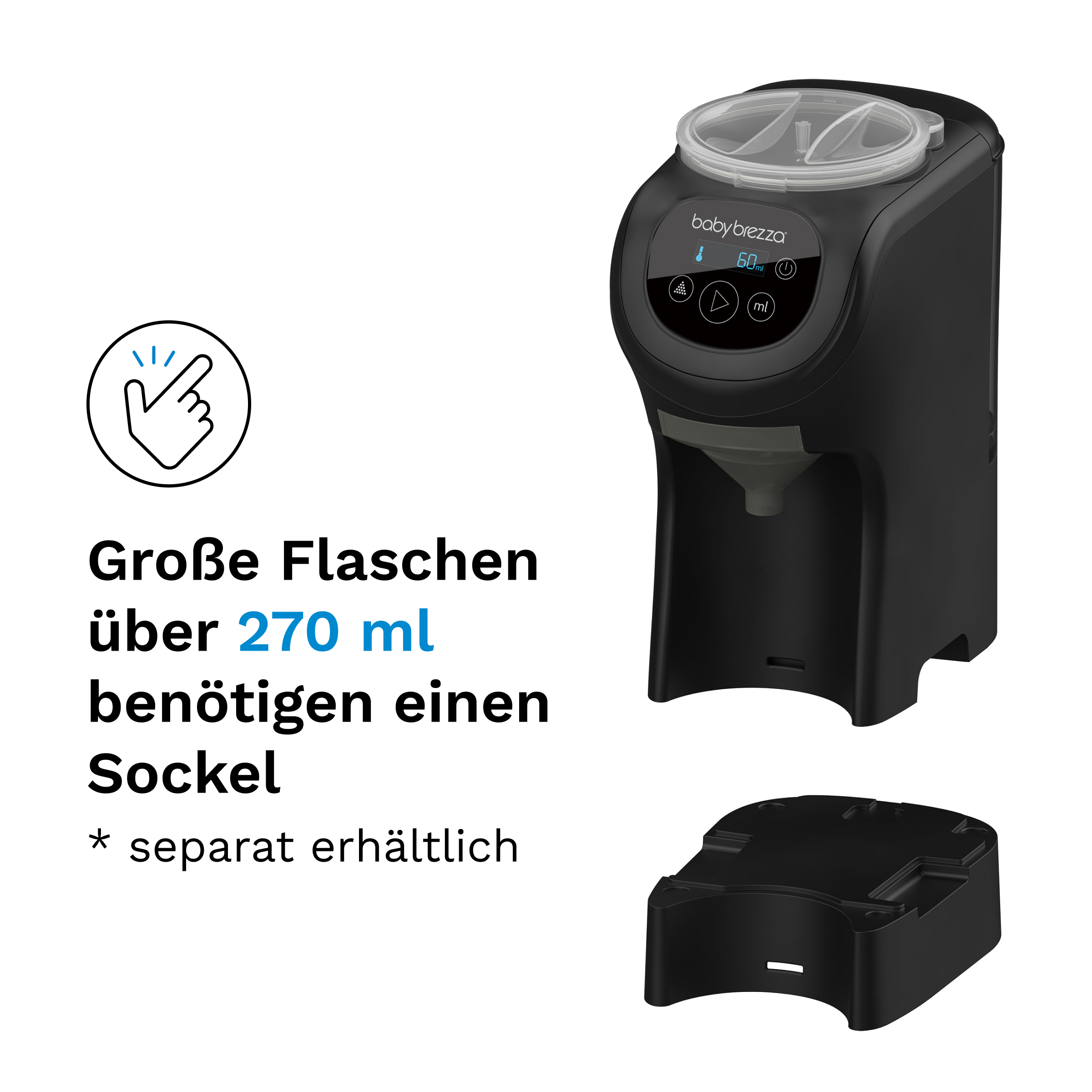 Baby Brezza Milchzubereiter in Schwarz mit separat erhältlichem Sockel für Flaschen über 270 ml.