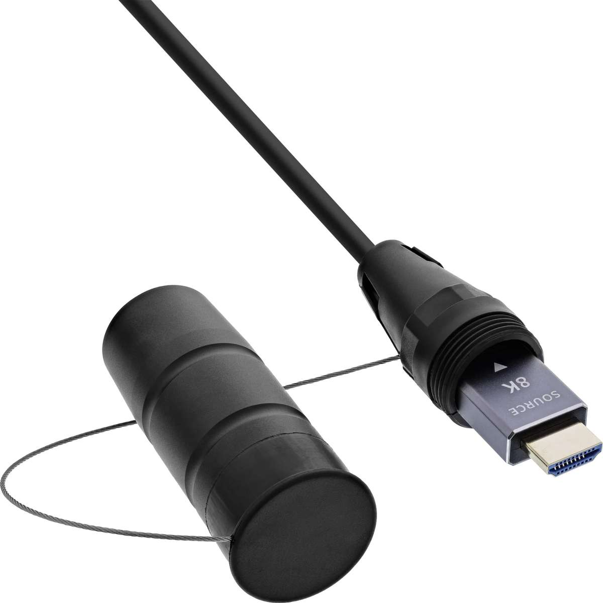 Ein schwarzes HDMI-Kabel mit Schutzkappe auf weißem Hintergrund.