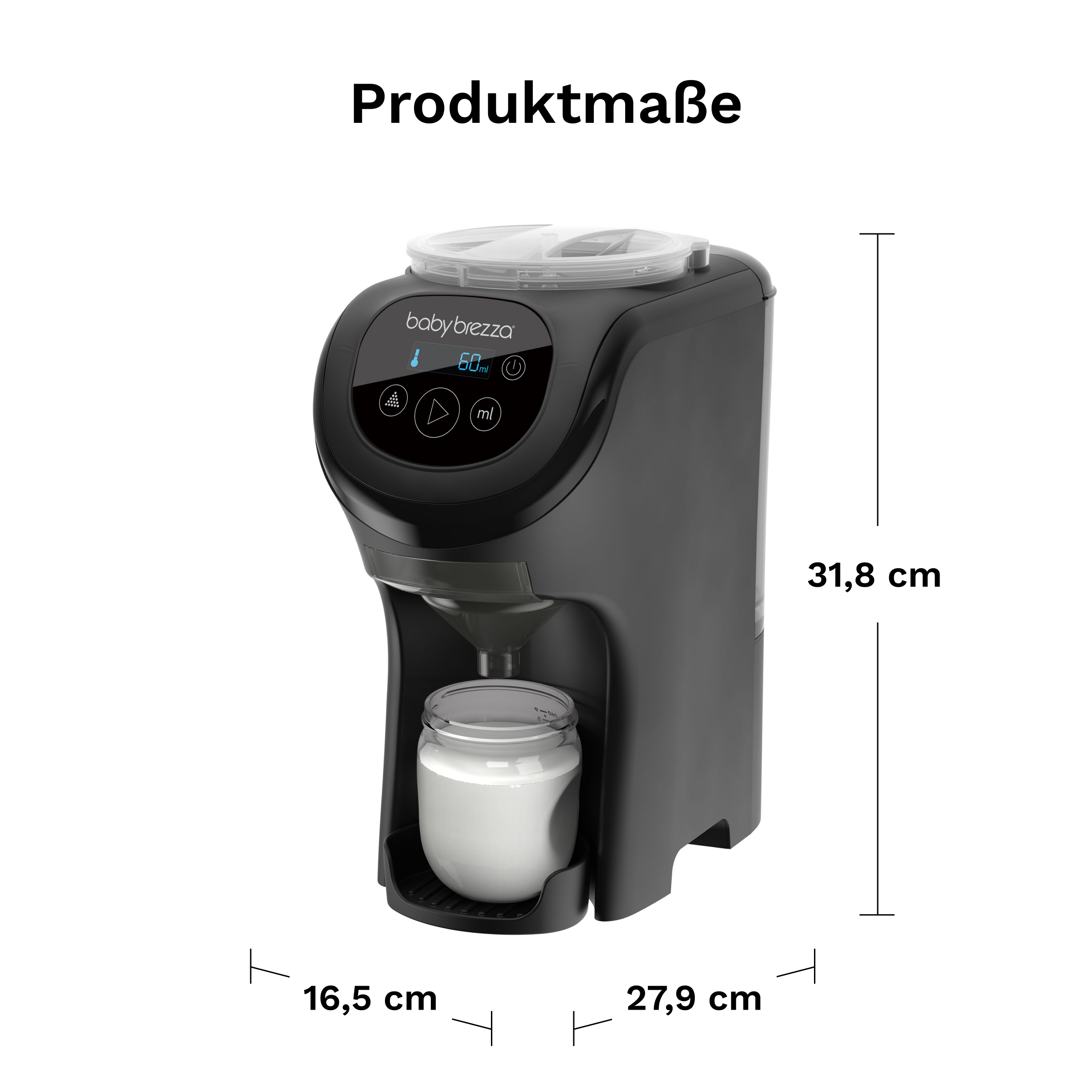 Schwarze Babybrezza-Maschine mit Milchbehälter und Produktmaßen von 31,8 x 16,5 x 27,9 cm.