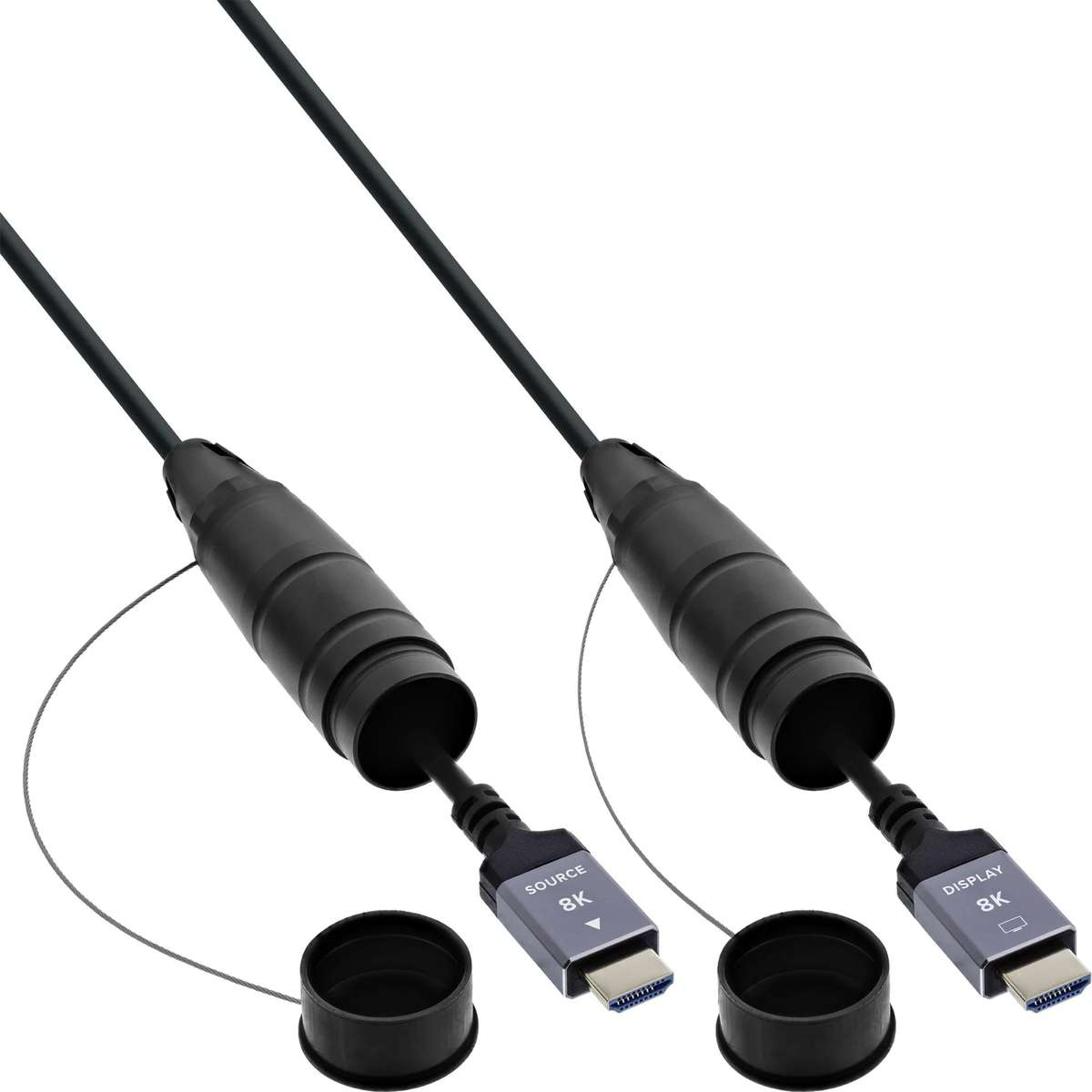 Zwei schwarze 8K HDMI-Kabel mit Source- und Display-Anschlüssen sowie Schutzkappen auf weißem Hintergrund.