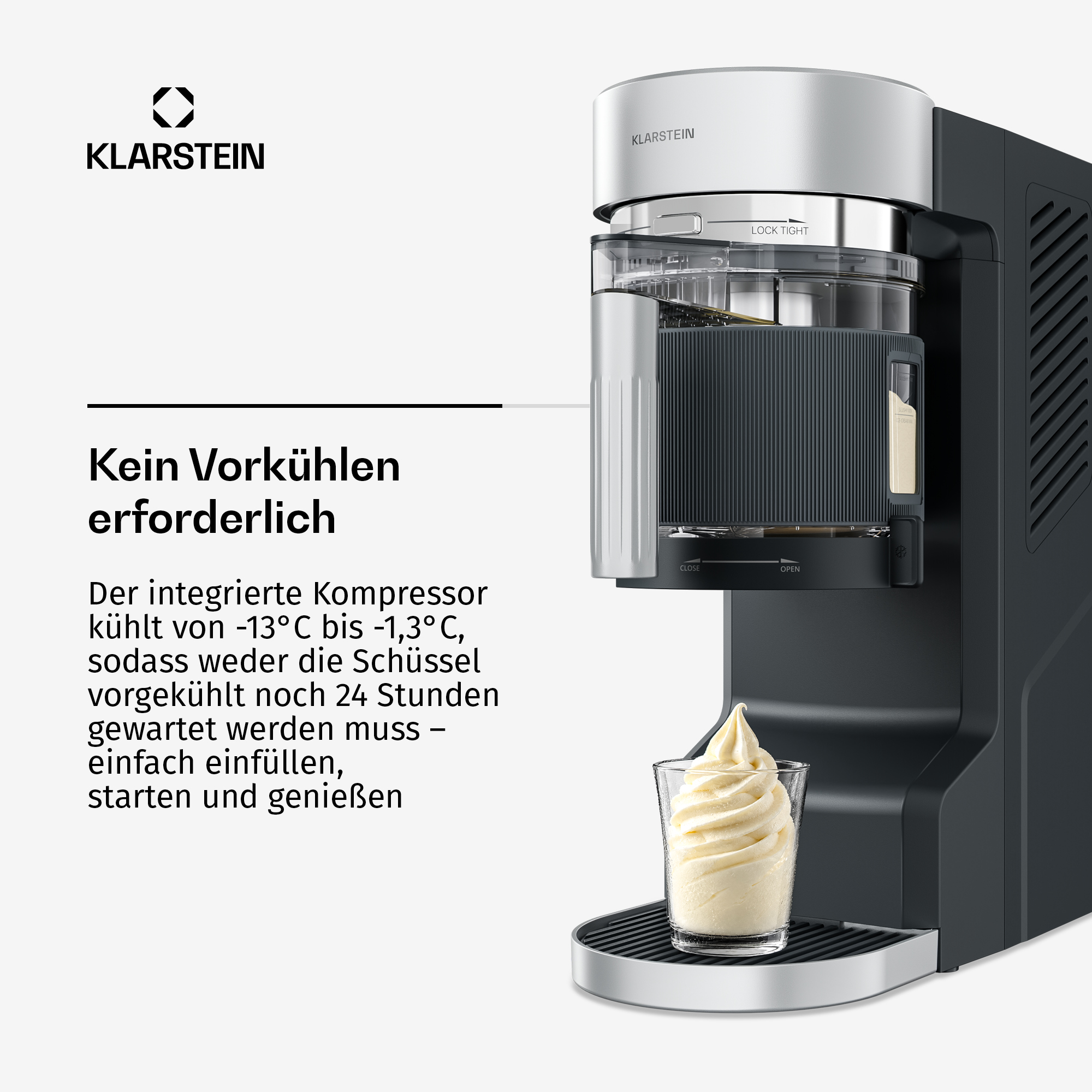 Klarstein Eismaschine in Schwarz und Silber gibt weiches Eis in ein Glas. Text auf Deutsch links.