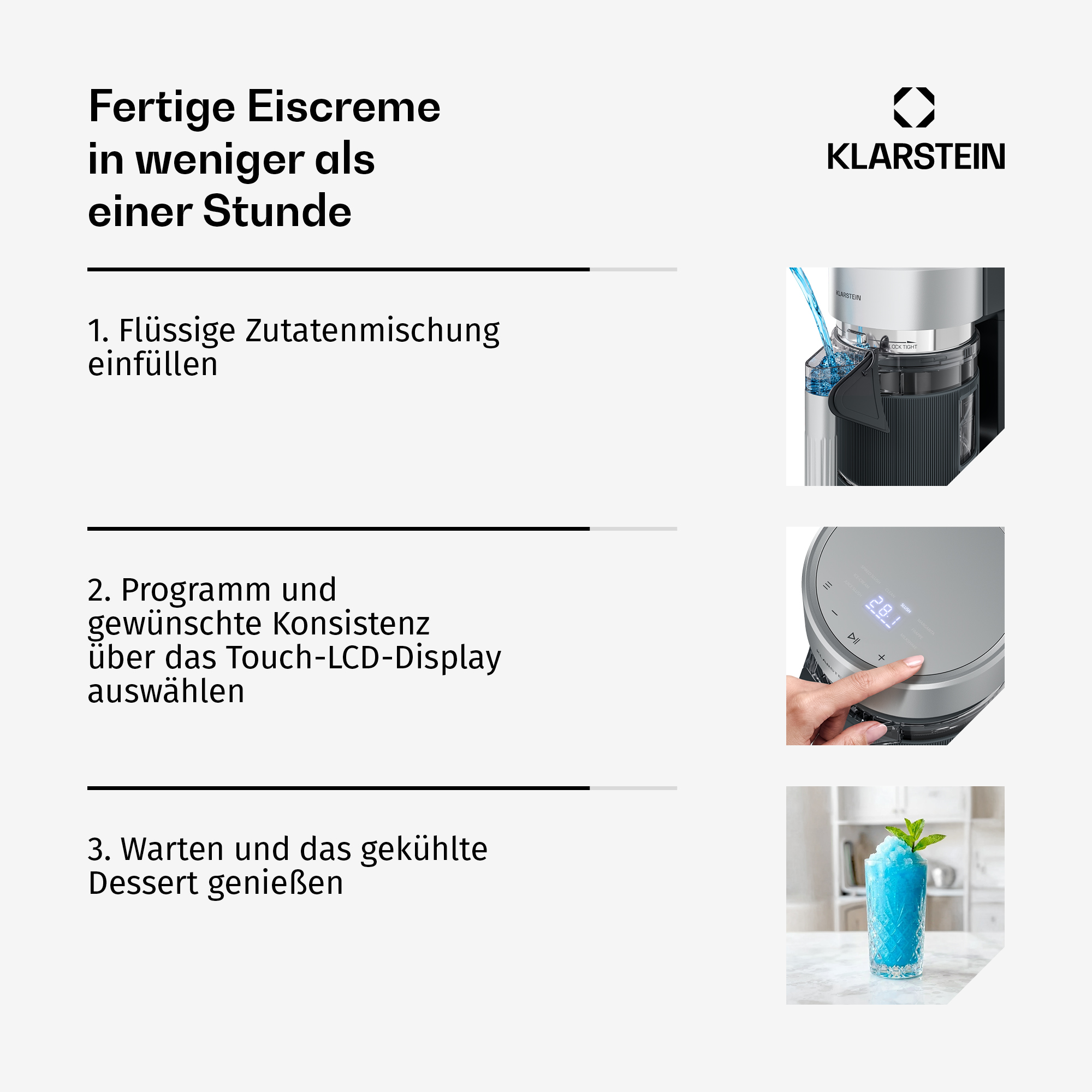 Anleitung zur Eiszubereitung in drei Schritten mit Fotos von Zutaten, Display und fertigem Dessert.