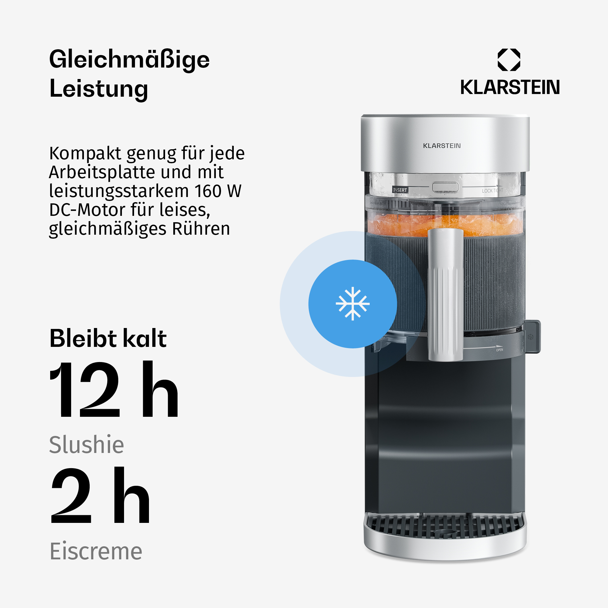 Klarstein Eismaschine mit Edelstahl-Gehäuse und Texten zu Leistung und Kühlzeit.