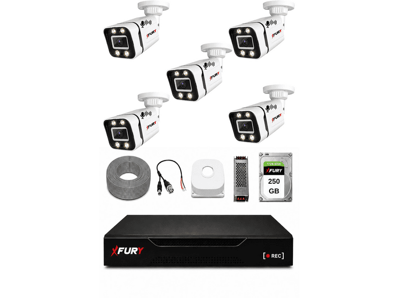 FURY 5 Kameralı Sesli 4 Warm LED Gece Renkli Görüş 250 GB HDD 5580s Güvenlik Kamera Seti Siyah