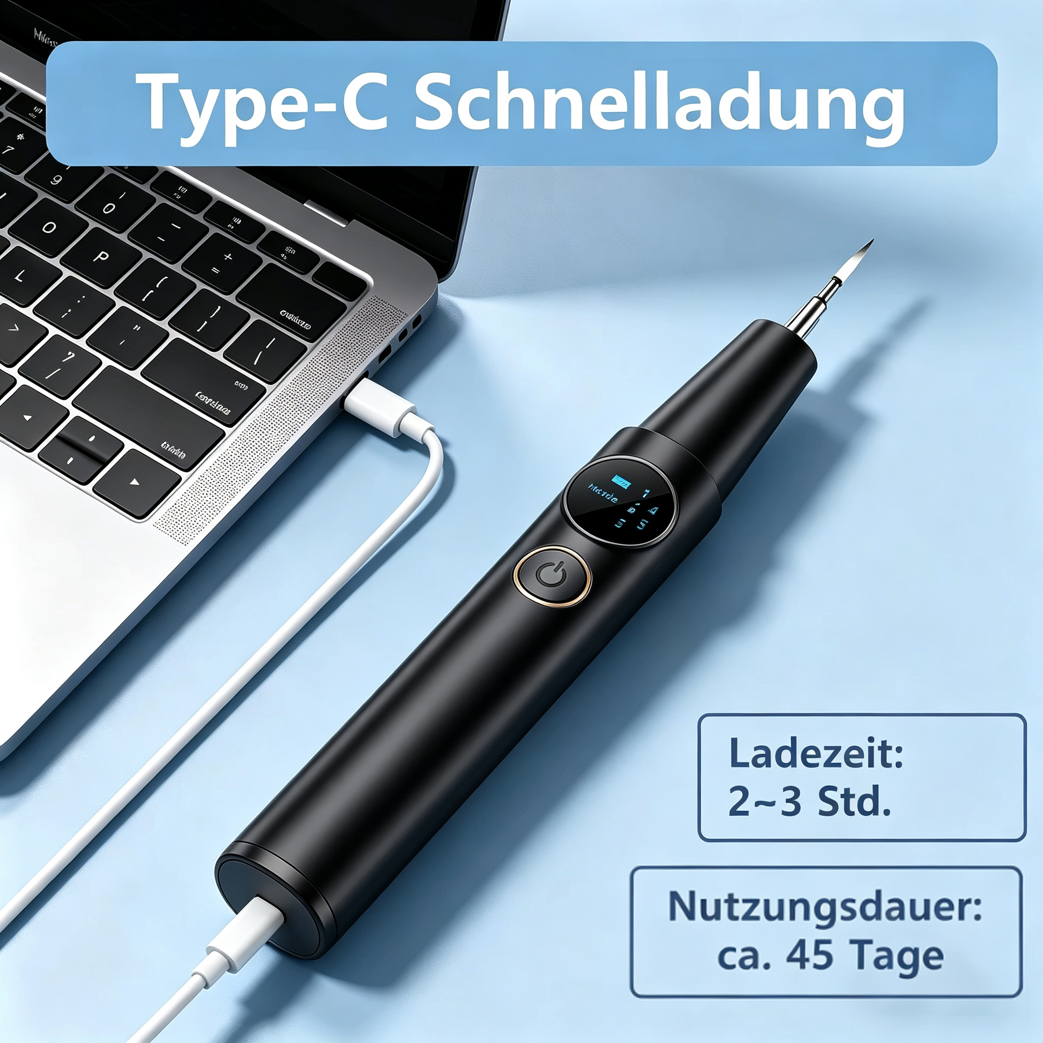Schwarzes elektrisches Werkzeug neben Laptop, mit Type-C-Kabel auf blauem Hintergrund.