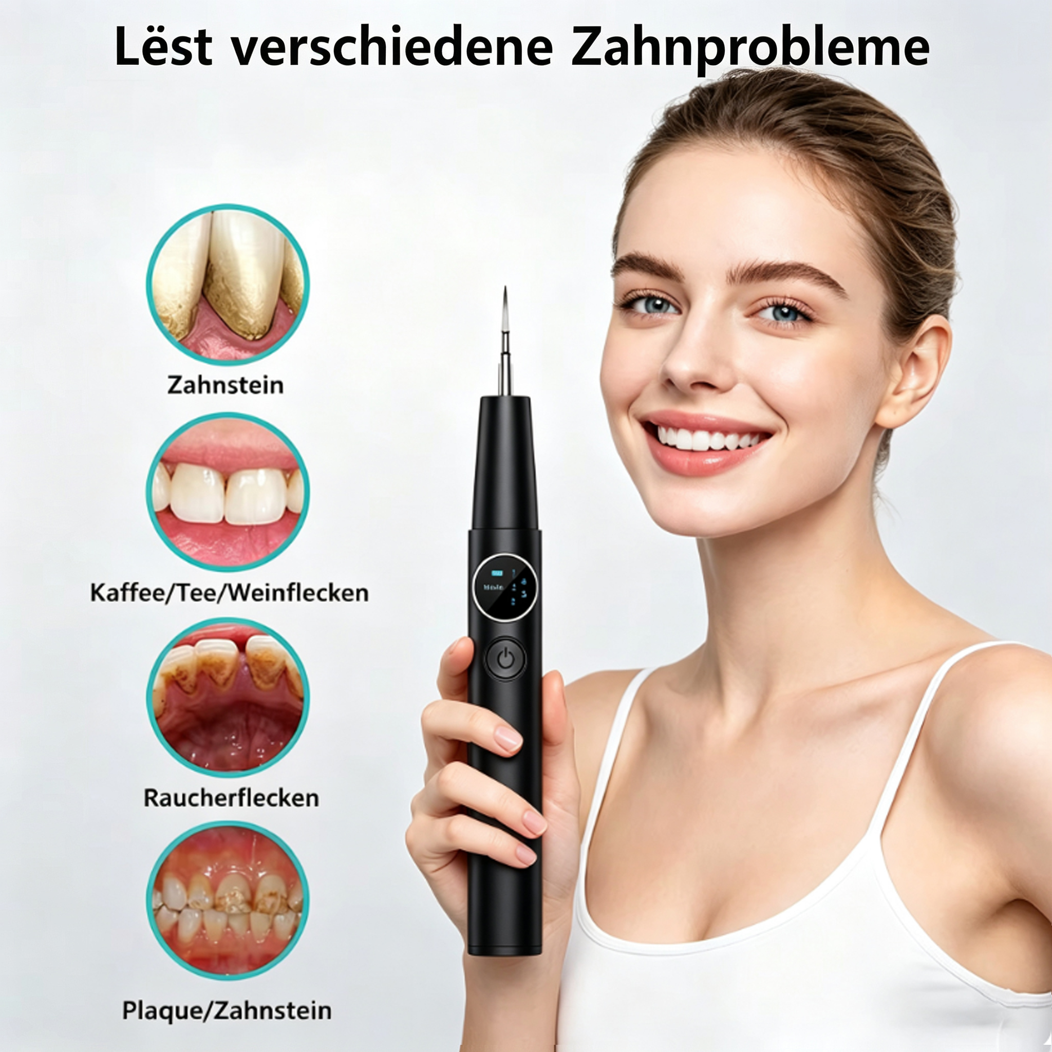 Eine Frau lächelt und hält ein elektrisches Zahnreinigungsgerät vor Infografiken mit Zahnproblemen.