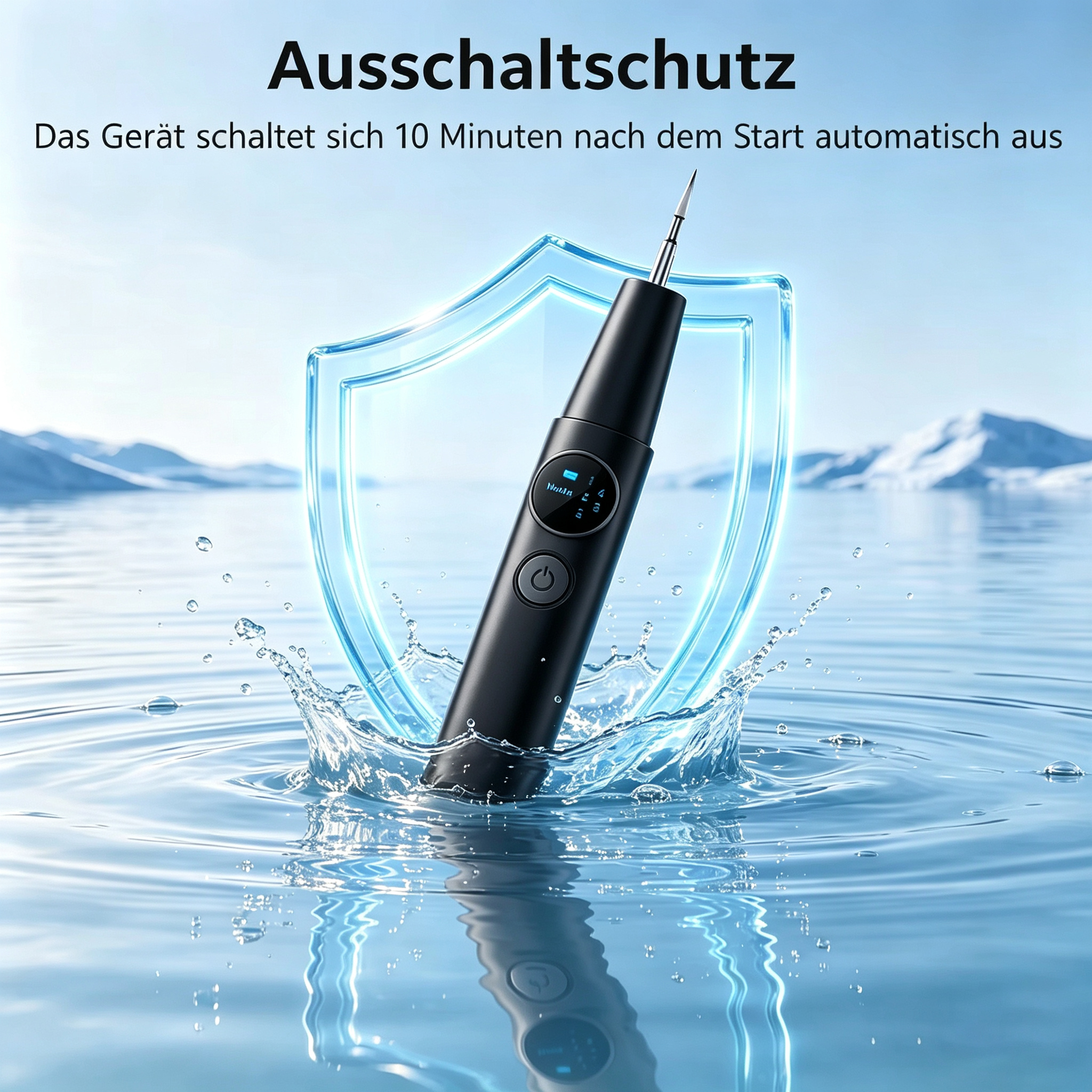 Ein schwarzes elektrisches Gerät taucht ins Wasser, umgeben von einem leuchtenden Schild und schneebedeckten Bergen.