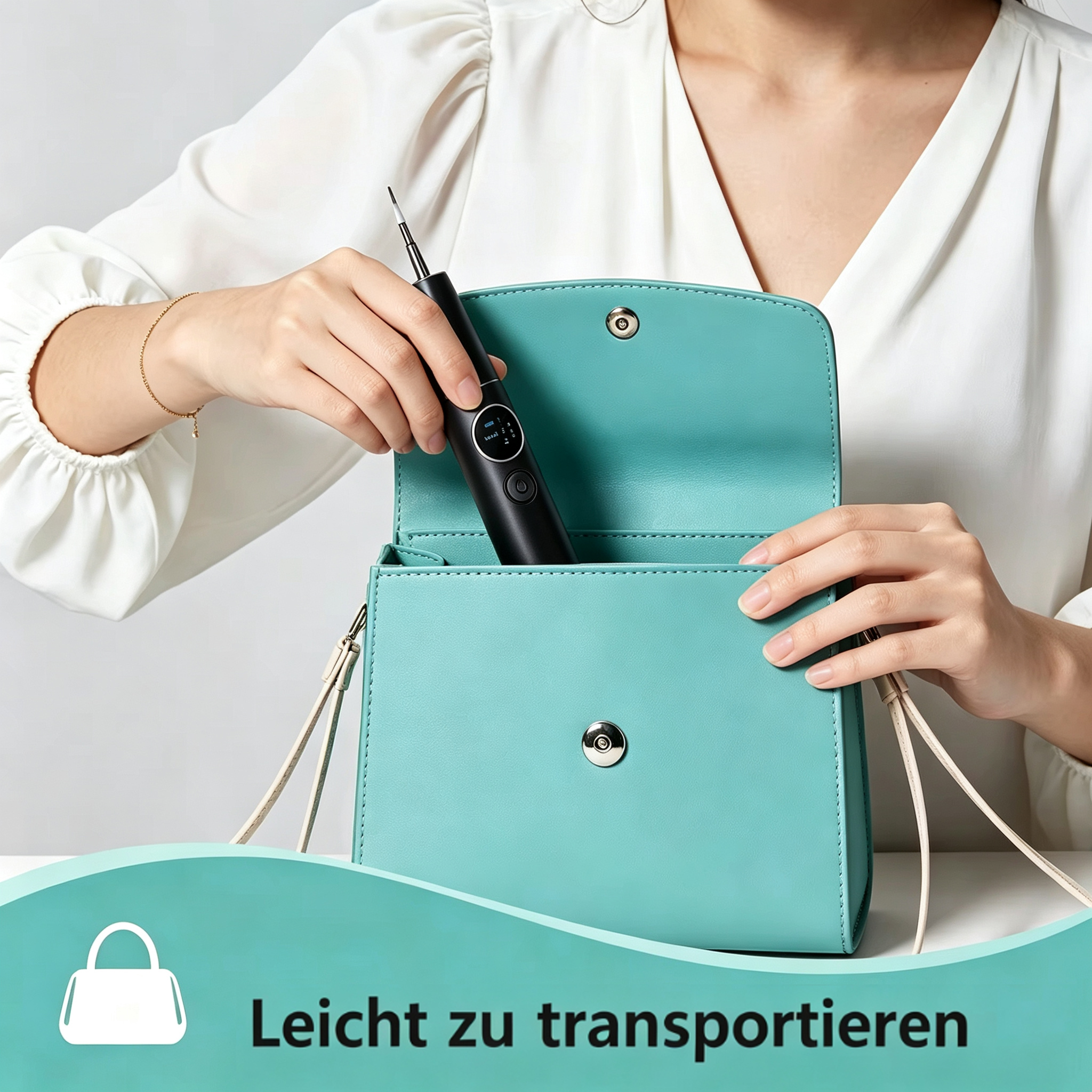 Eine Frau in Weiß legt ein schwarzes Dentalgerät in ihre türkisfarbene Handtasche.
