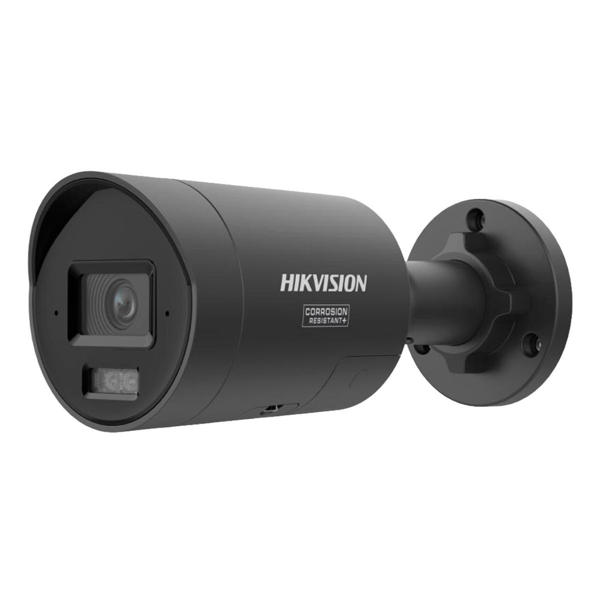 Schwarze Hikvision Überwachungskamera mit Wandhalterung auf weißem Hintergrund.