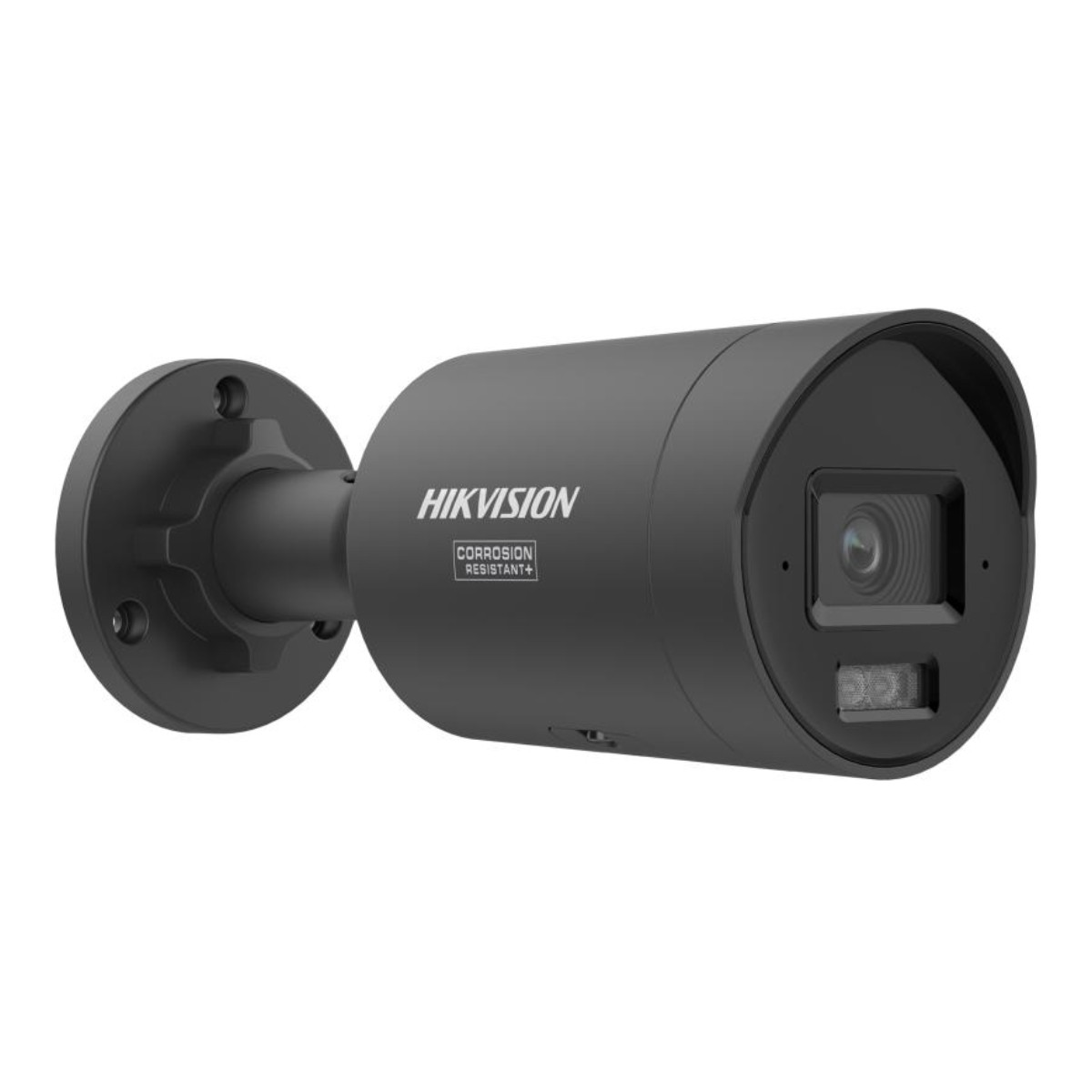 Eine schwarze korrosionsbeständige Hikvision-Sicherheitskamera vor weißem Hintergrund, seitlich betrachtet.
