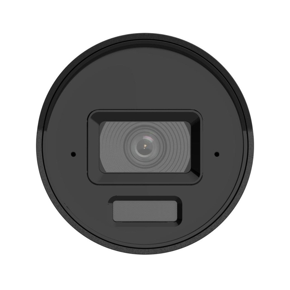 Eine schwarze kreisförmige Sicherheitskamera mit einer zentralen Linse, zwei kleinen Sensorlöchern und Infrarotpanel.