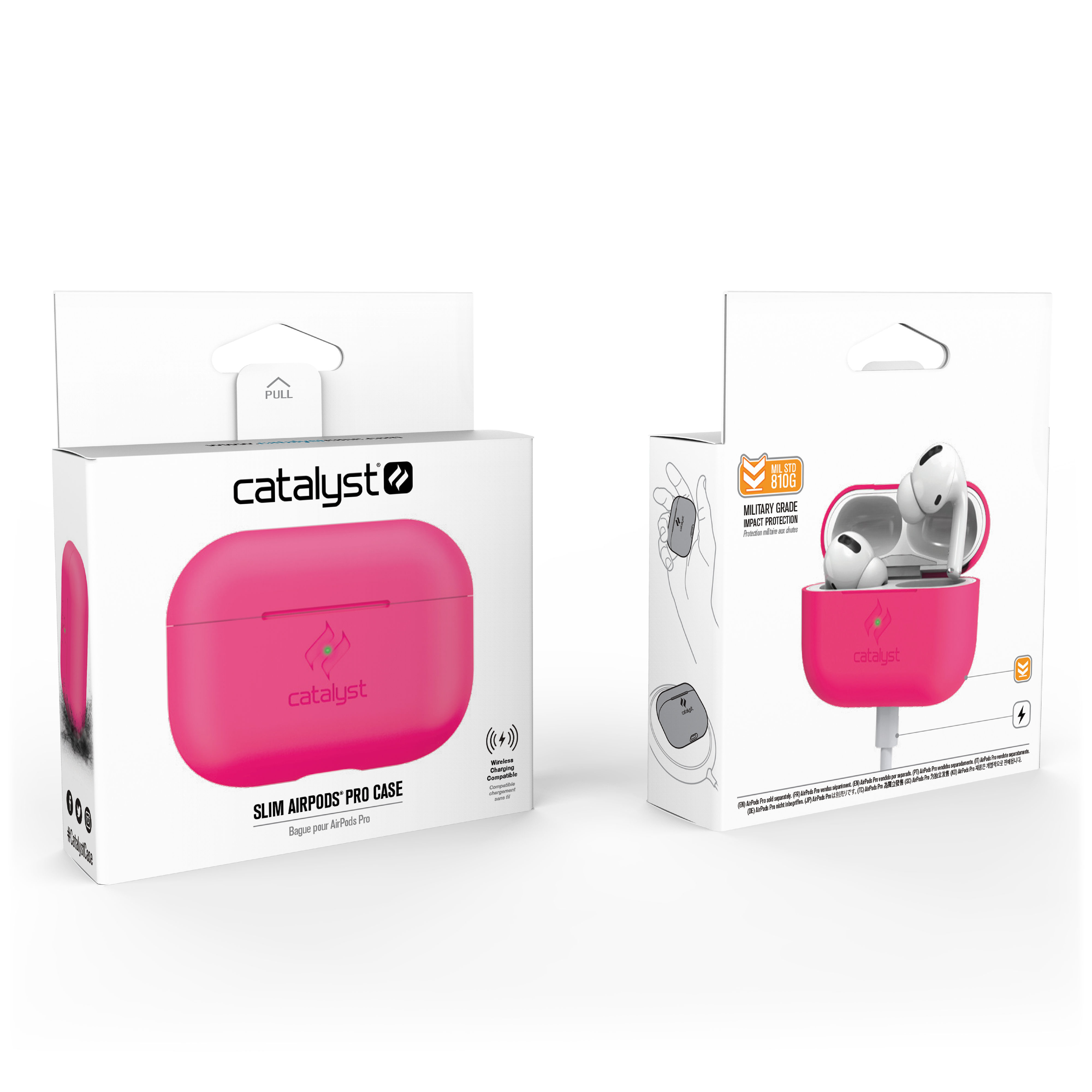 Zwei weiße Verpackungen für Catalyst Slim AirPods Pro Hüllen in leuchtendem Pink auf schwarzem Hintergrund.