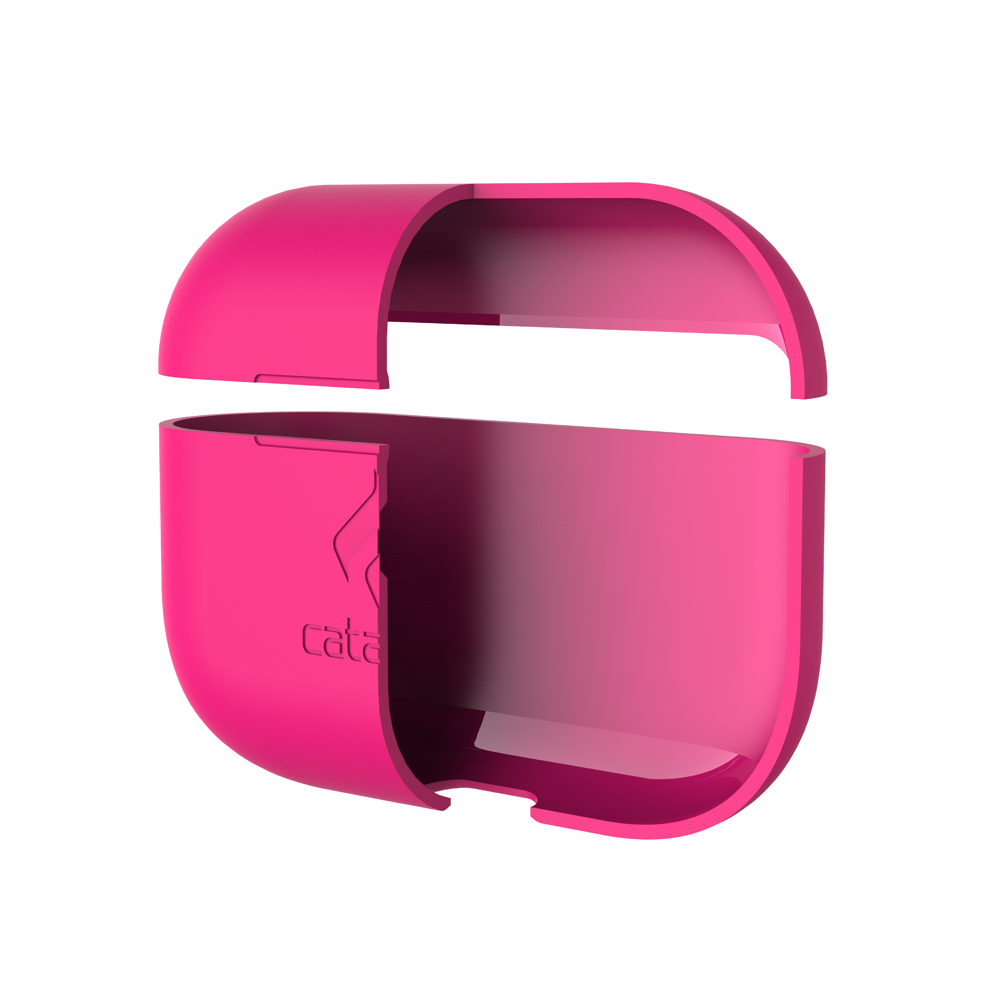 Ein offenes, leuchtend rosa Case für drahtlose Ohrhörer mit sichtbarem Logo vor schwarzem Hintergrund.