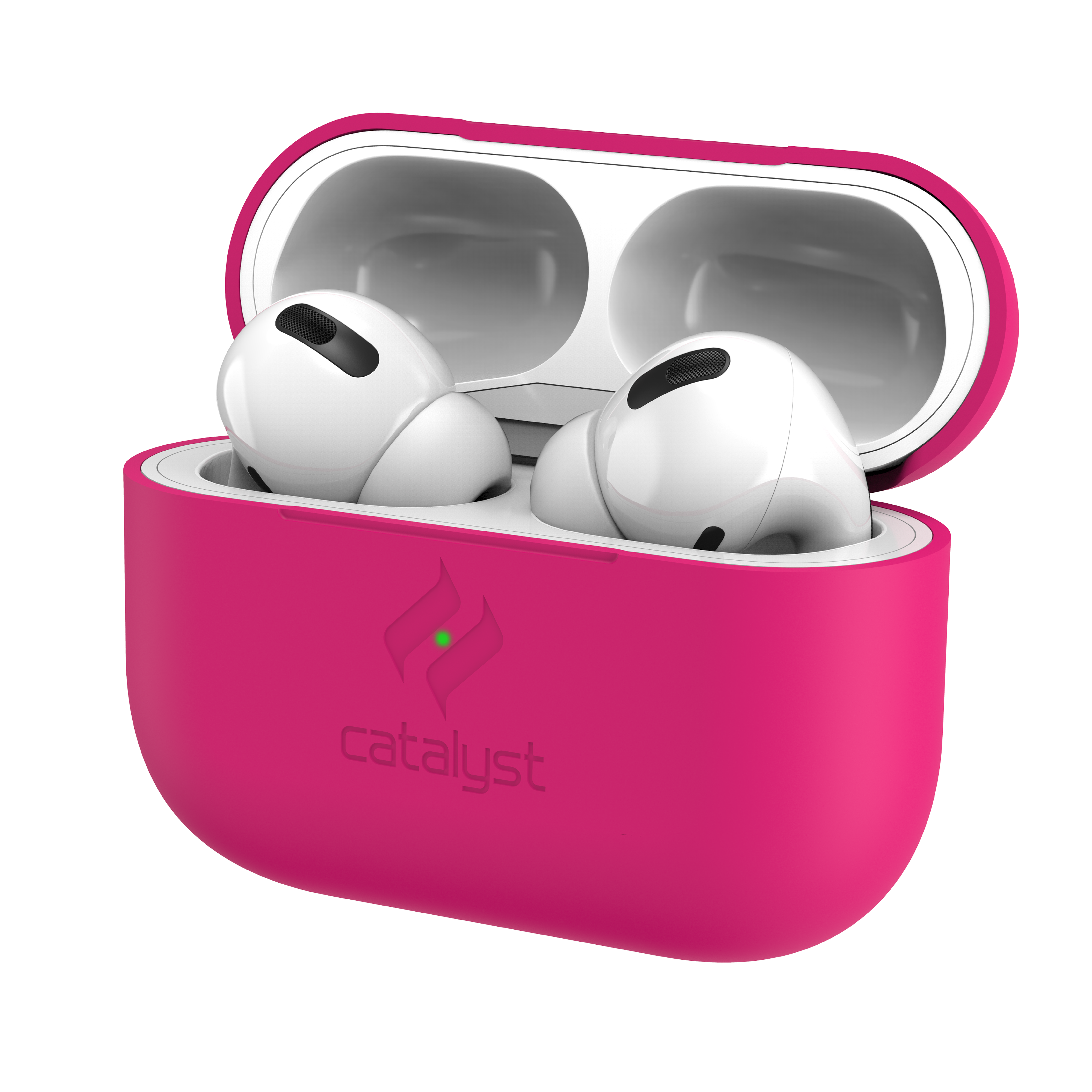 Weiße AirPods in einer pinken Ladehülle mit Catalyst-Logo und grüner LED.