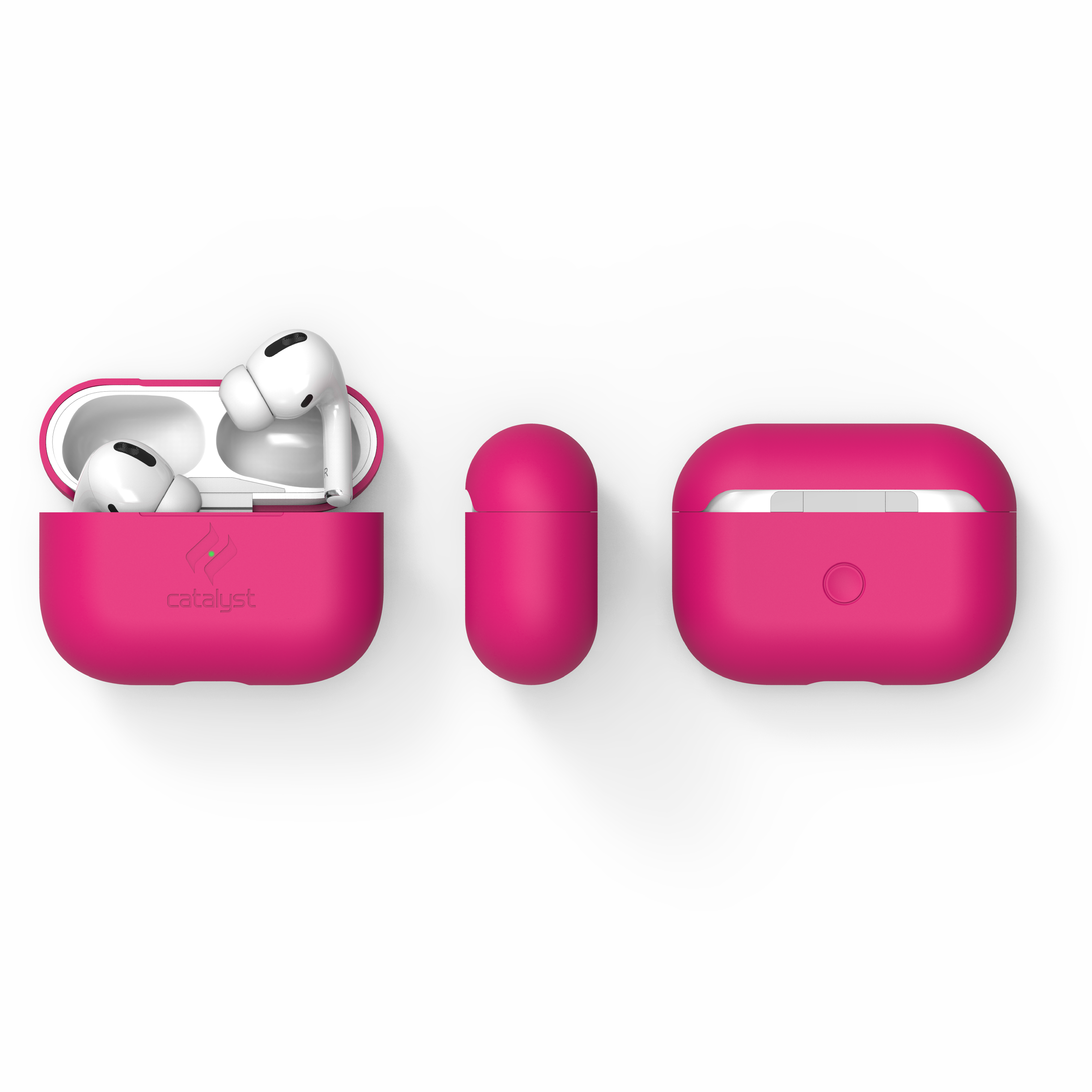 Drei Ansichten einer pinken AirPods-Hülle auf schwarzem Hintergrund, eine mit offenen Kopfhörern.