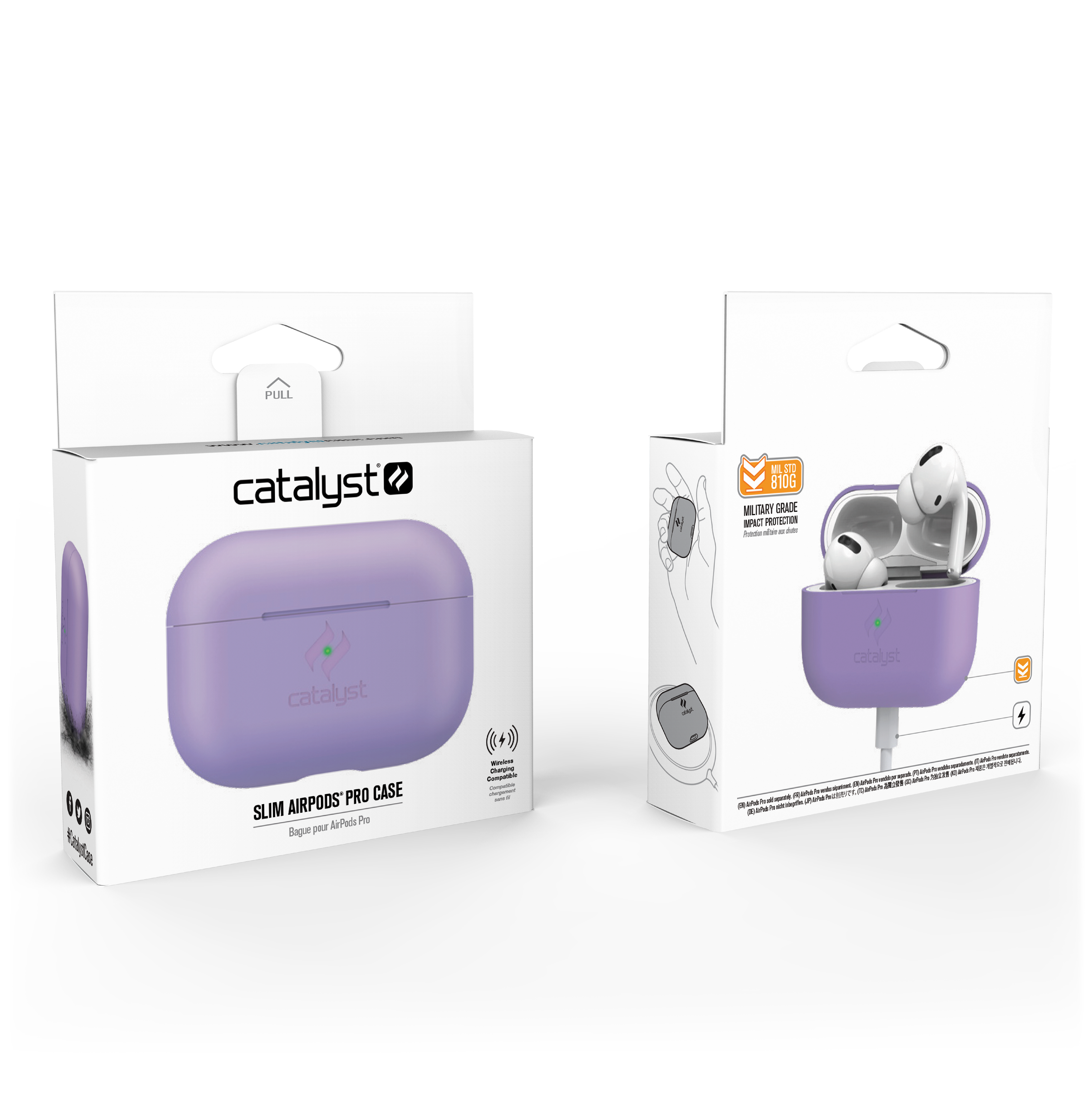 Zwei weiße Verpackungen für ein lila Catalyst Slim AirPods Pro Case, vor schwarzem Hintergrund.