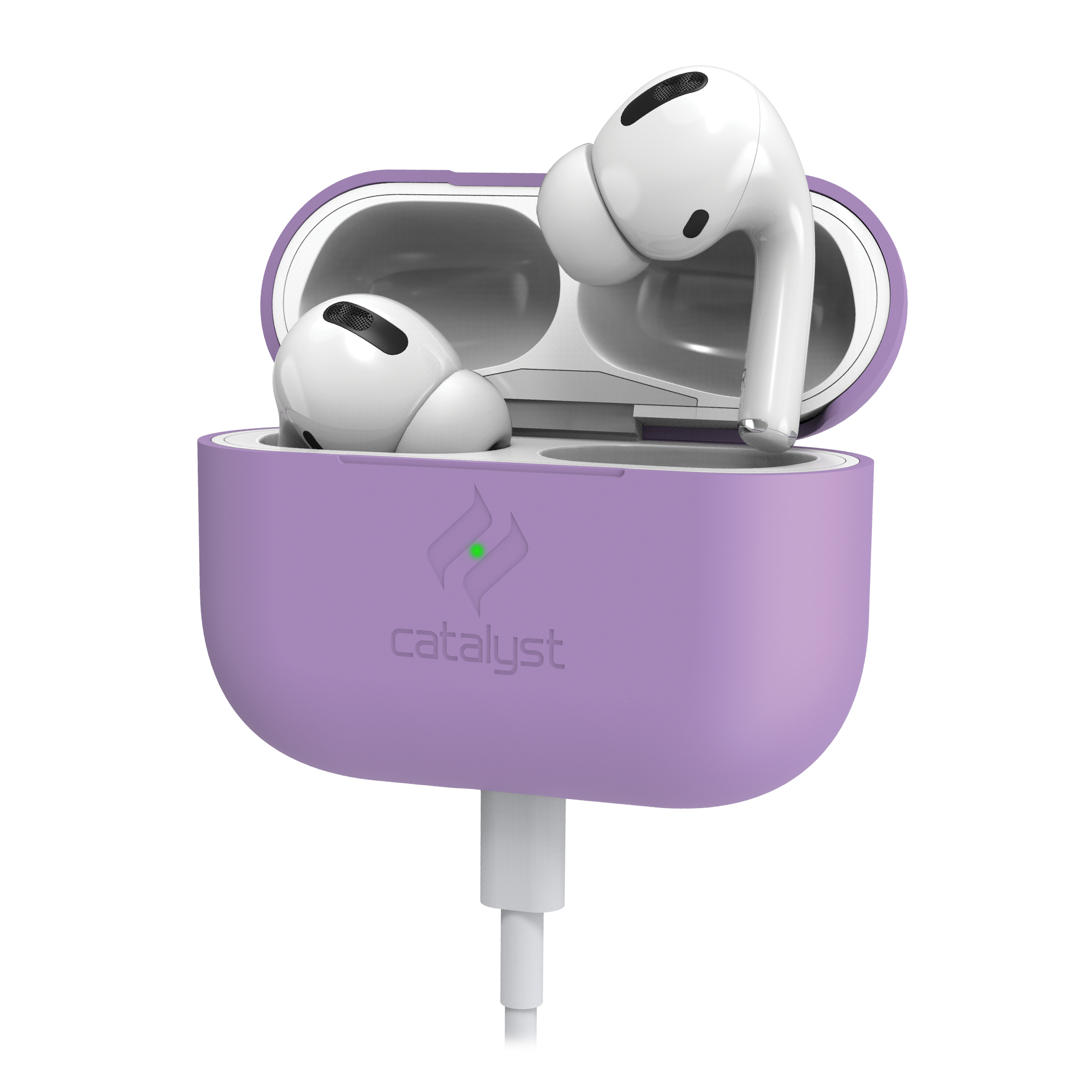 Weiße AirPods Pro in einem lila Catalyst-Ladecase, verbunden mit einem weißen Ladekabel auf schwarzem Hintergrund.