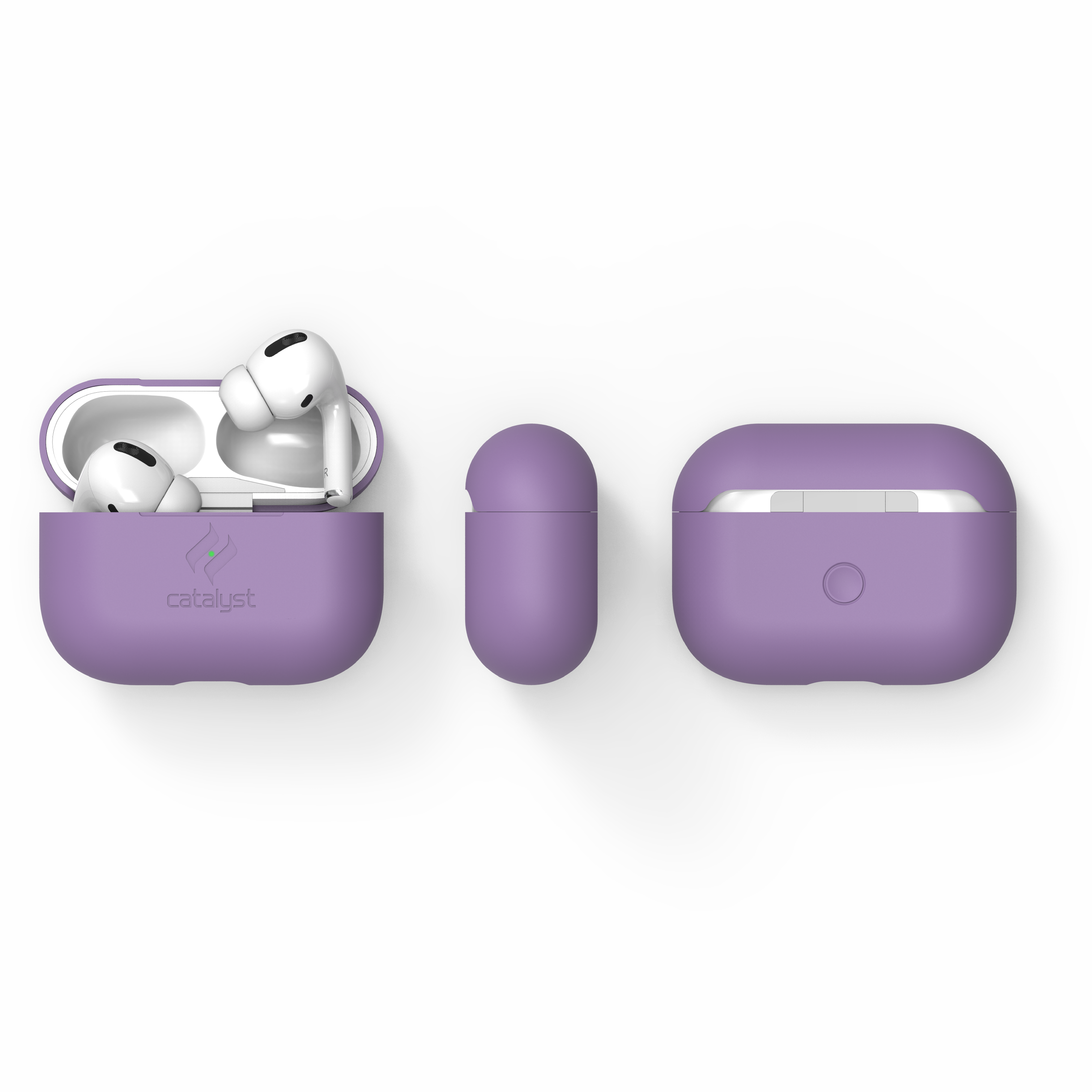 Lila Catalyst Hülle für AirPods Pro mit In-Ears, von vorne, oben und der Seite auf schwarzem Hintergrund.