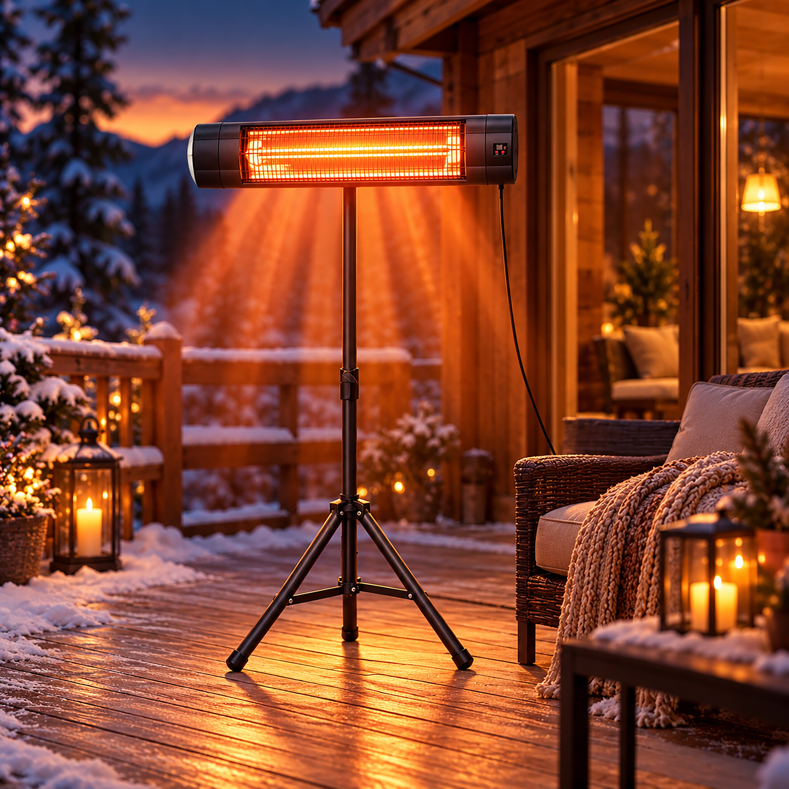 Ein elektrischer Terrassenstrahler auf einem Stativ wärmt eine winterliche Holzterrasse bei Dämmerung.