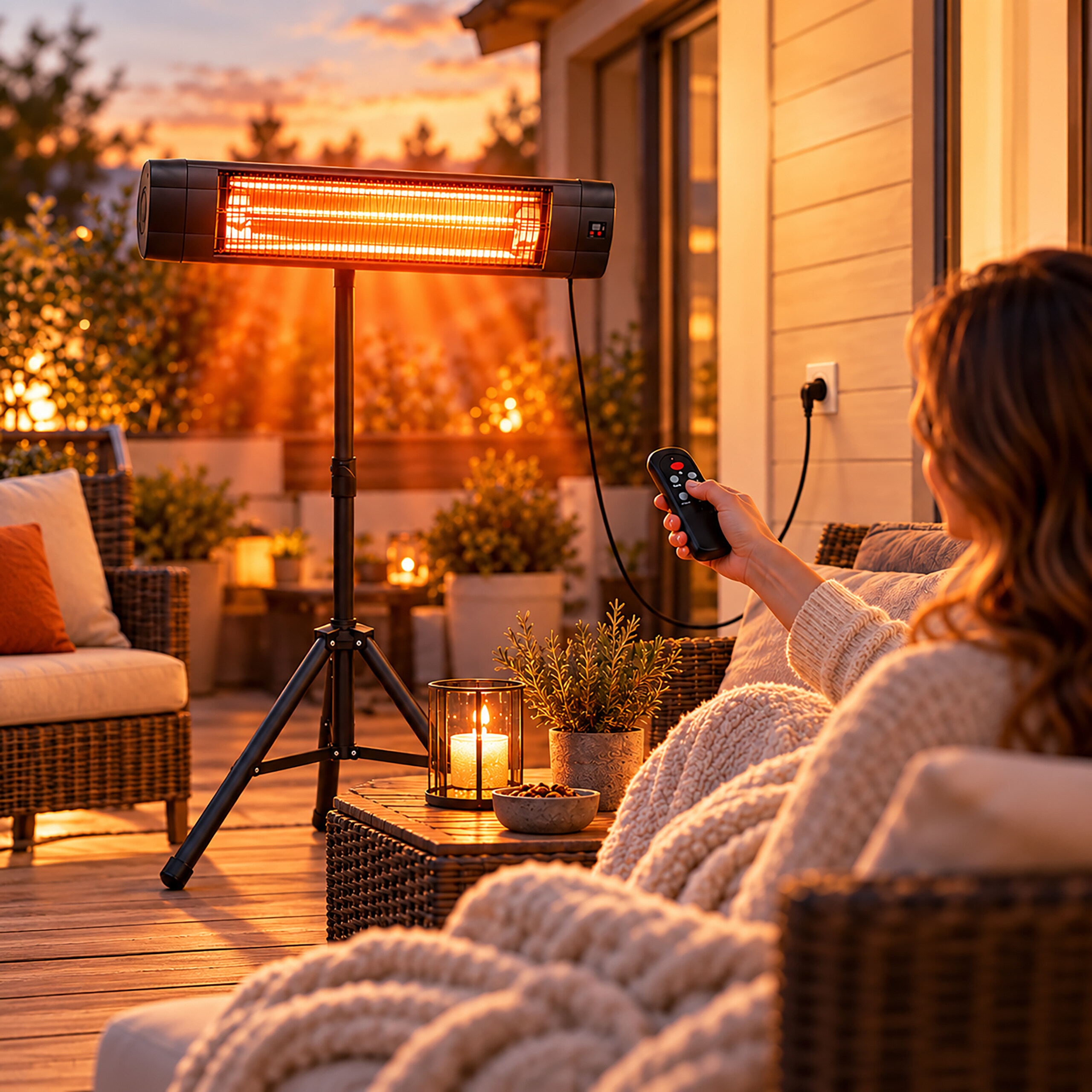 Eine Frau auf einer Terrasse nutzt eine Fernbedienung, um einen elektrischen Heizstrahler bei Sonnenuntergang zu steuern.