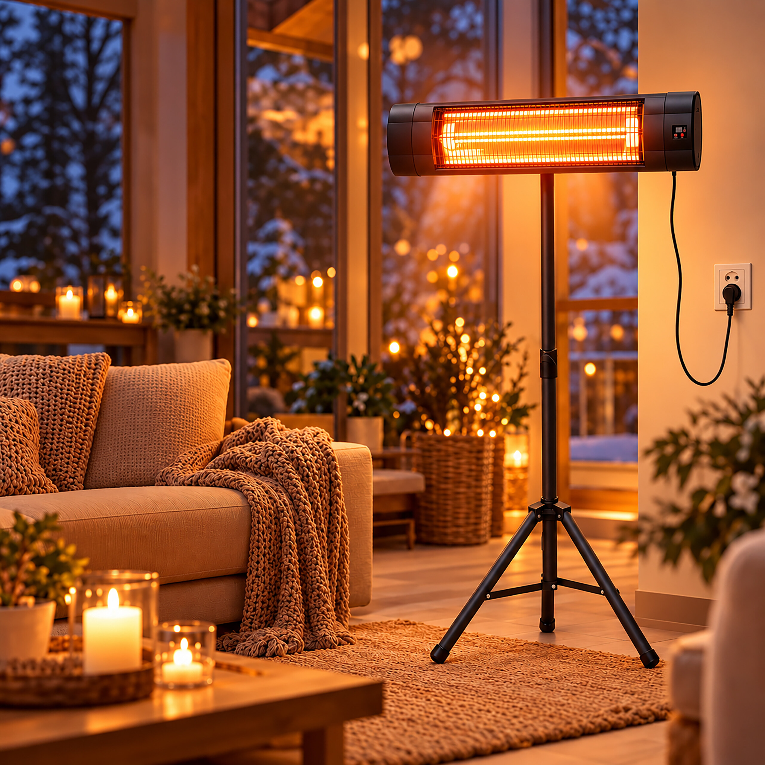 Ein beleuchteter elektrischer Heizstrahler steht im Wohnzimmer vor großen Fenstern mit Aussicht auf einen winterlichen Garten.