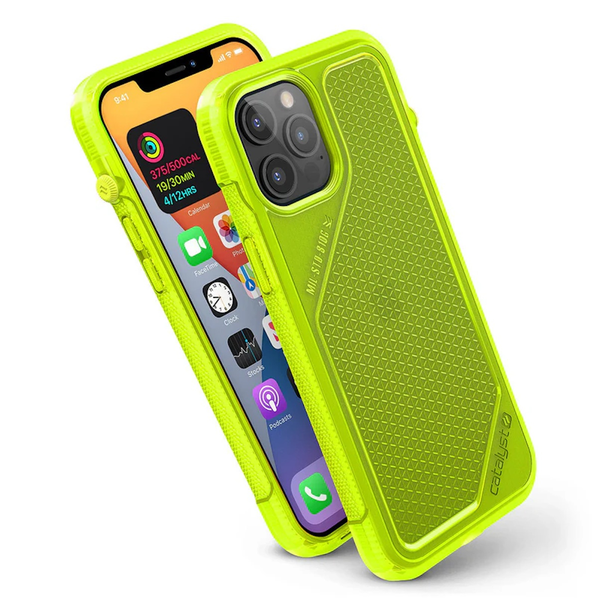 Ein Smartphone in einem hellen Neongrünen Schutzgehäuse, das den Bildschirm und die strukturierte Rückseite zeigt.
