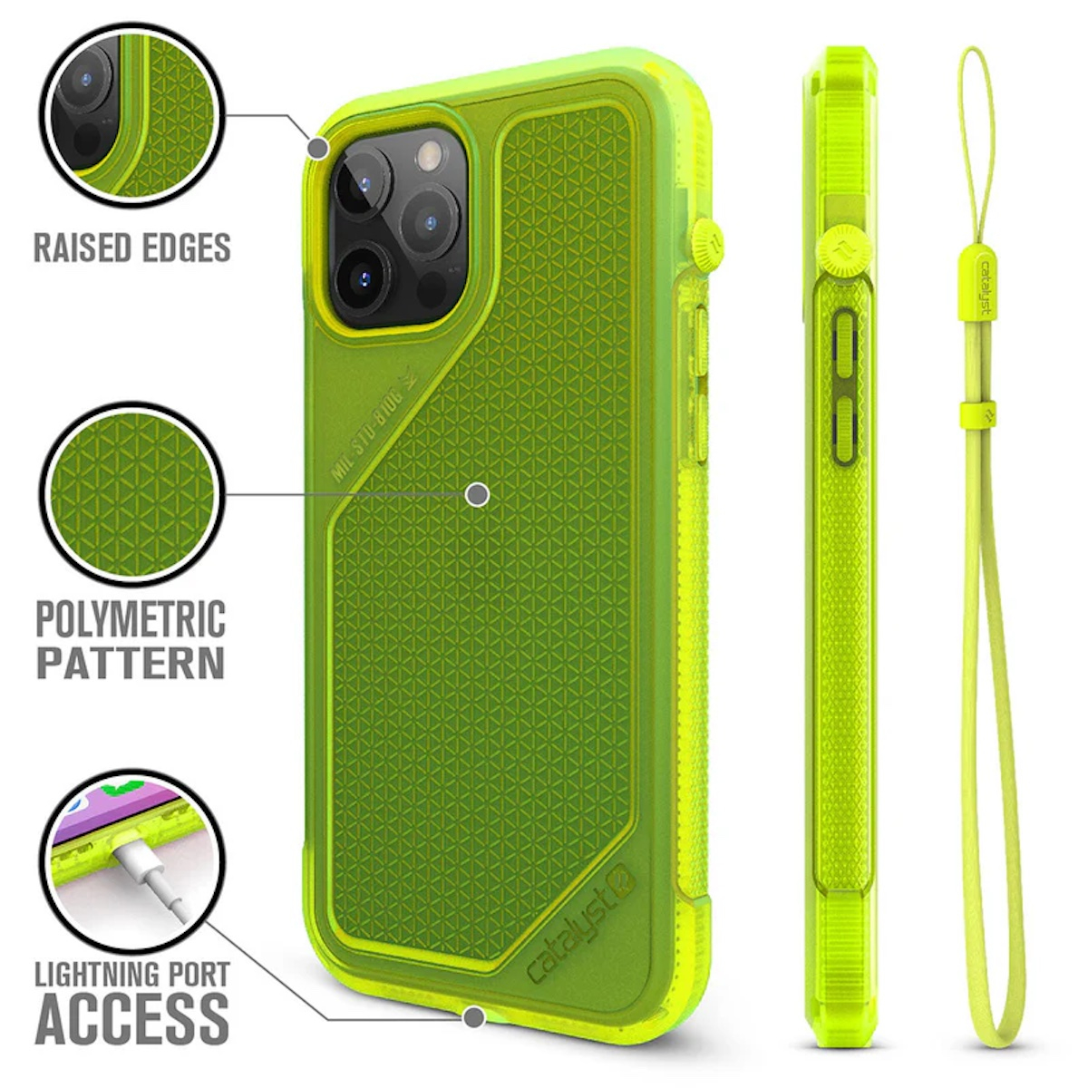 Neongrüne Smartphone-Hülle mit erhabenen Kanten, Muster und Ladeanschluss.