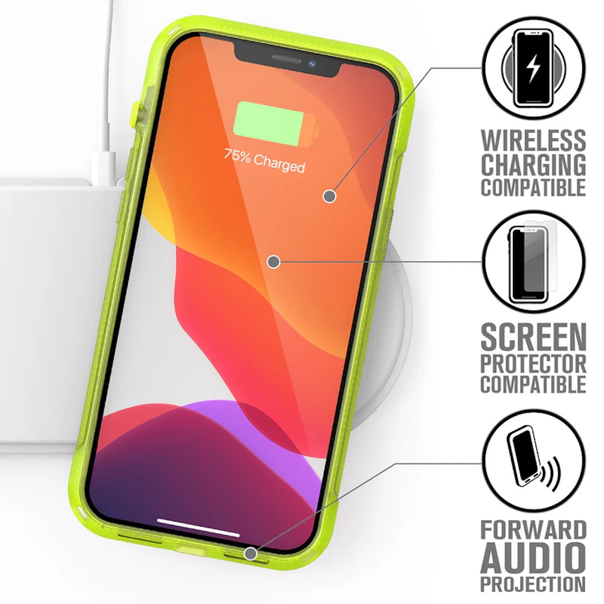 Ein Smartphone in einer limettengrünen Hülle mit Symbolen für kabelloses Laden und Audio-Projektion.