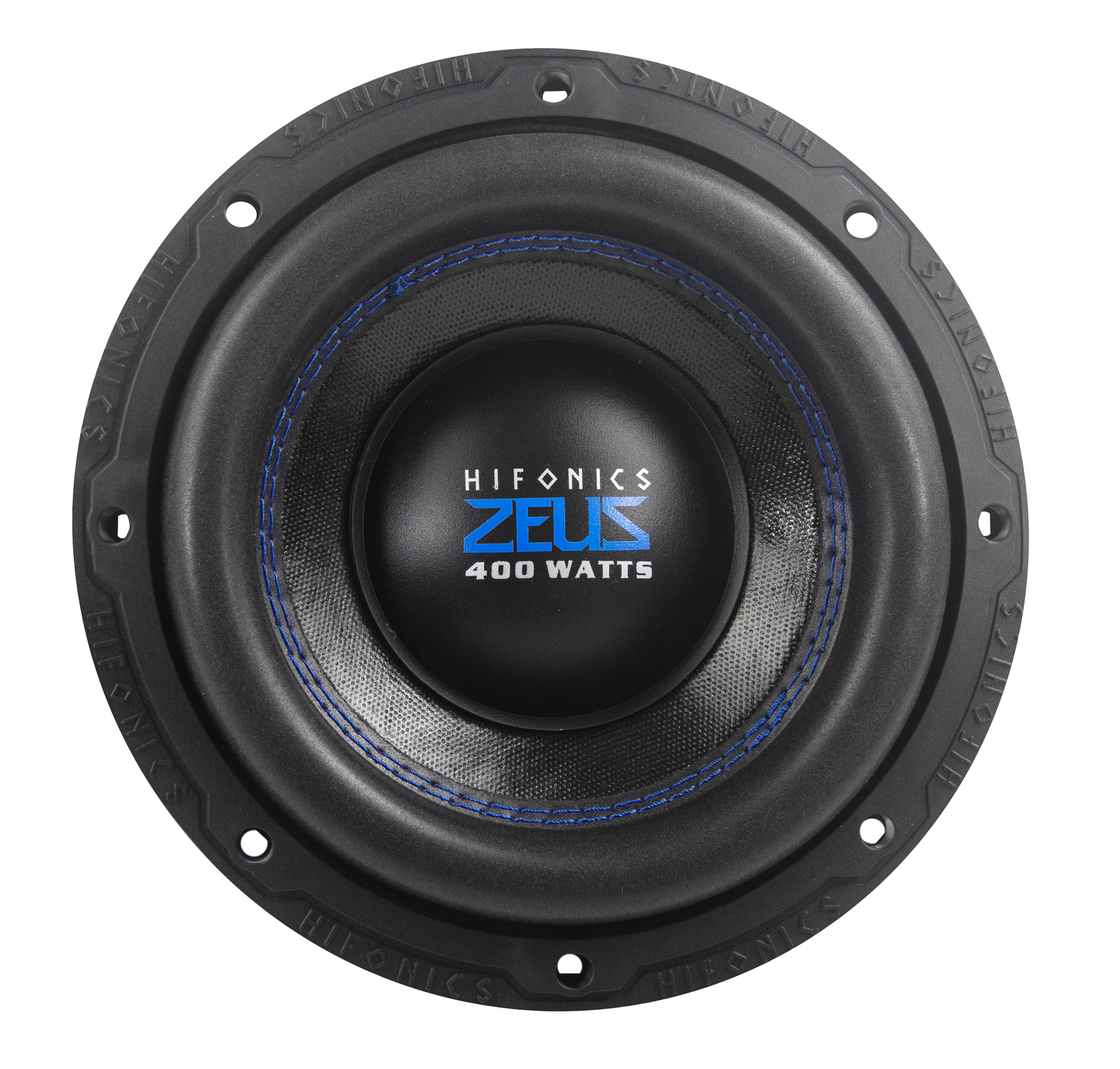 Ein runder, schwarzer Hifonics Zeus 400 Watt Subwoofer mit blauem Logo auf weißem Hintergrund.