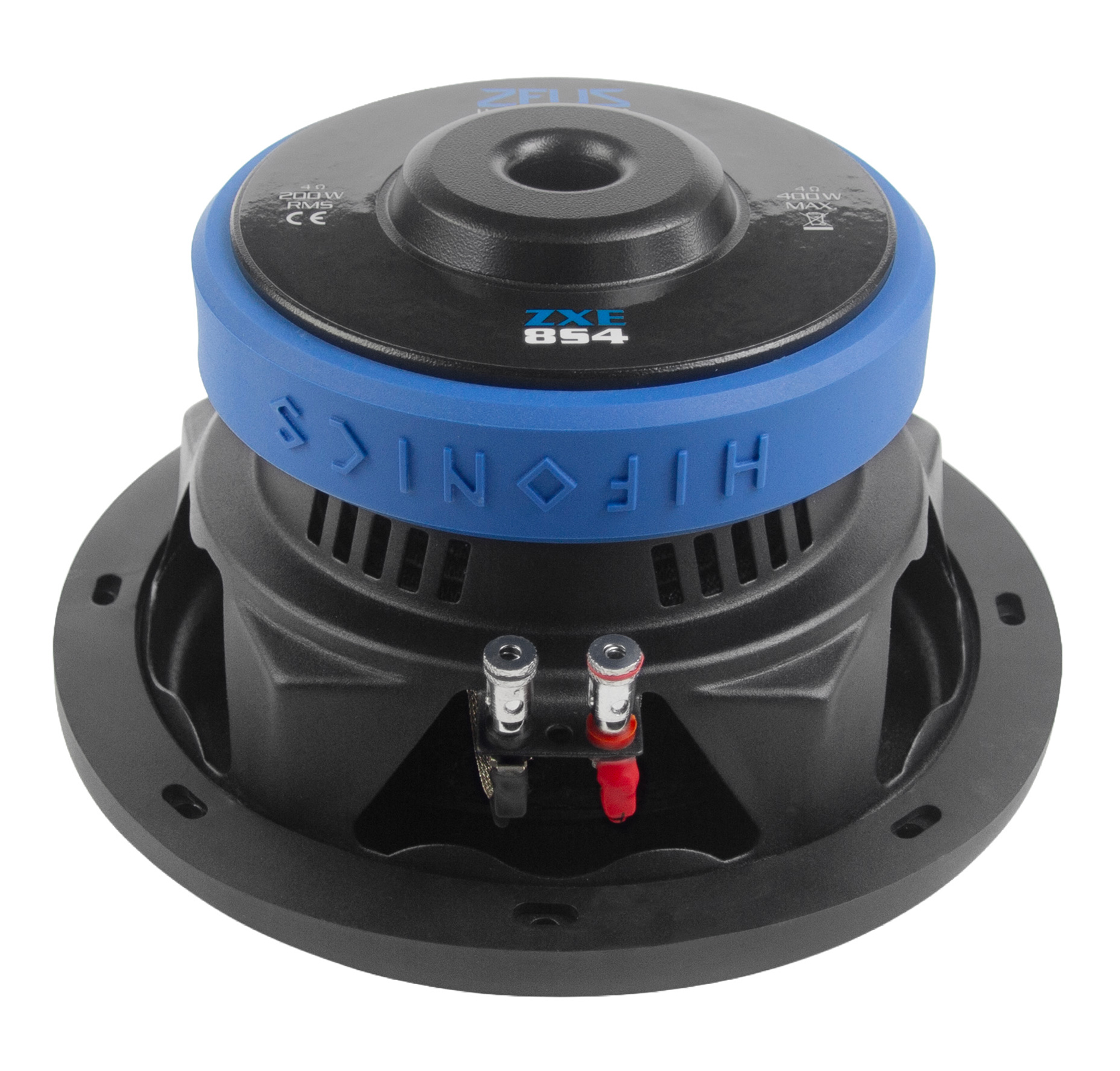 Ein schwarz-blauer Hifonics Zeus ZXE 854 Auto-Subwoofer mit offenem Magneten und Anschlüssen.