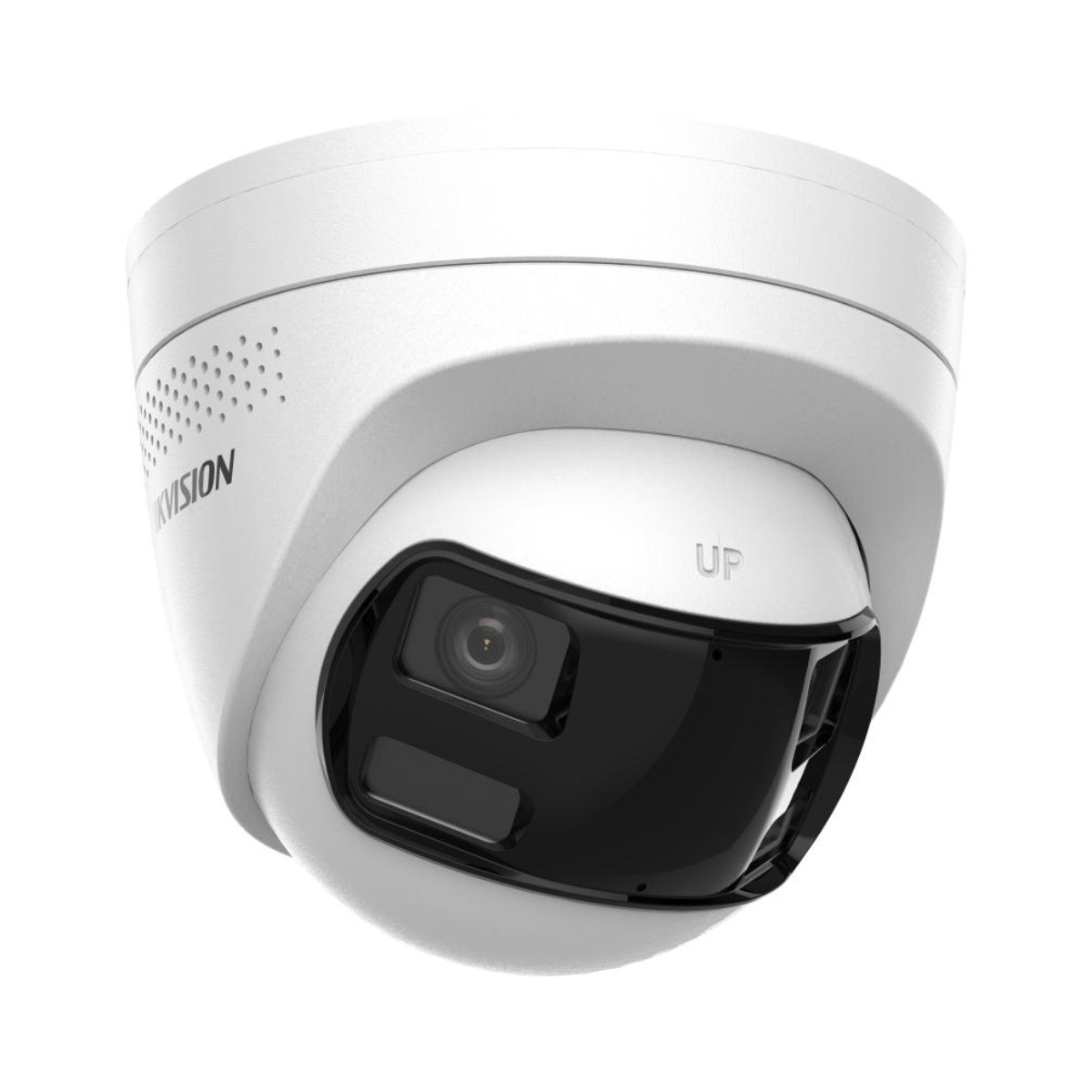 Eine weiße Kuppel-Sicherheitskamera mit schwarzem Linsengehäuse und Hikvision-Logo vor weißem Hintergrund.