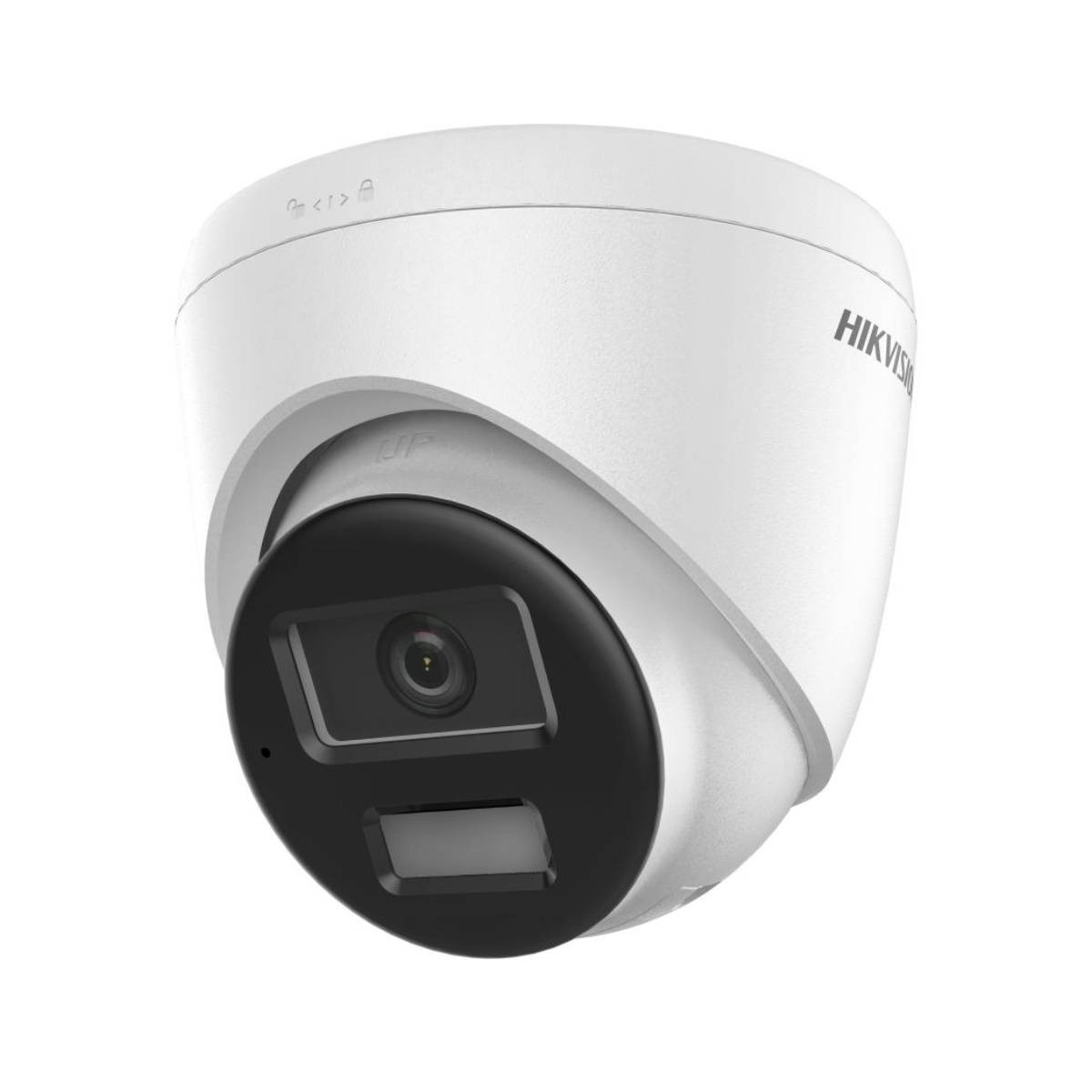 Weiße Kuppel-Überwachungskamera mit schwarzem Linsenmodul und Hikvision-Logo auf weißem Hintergrund.