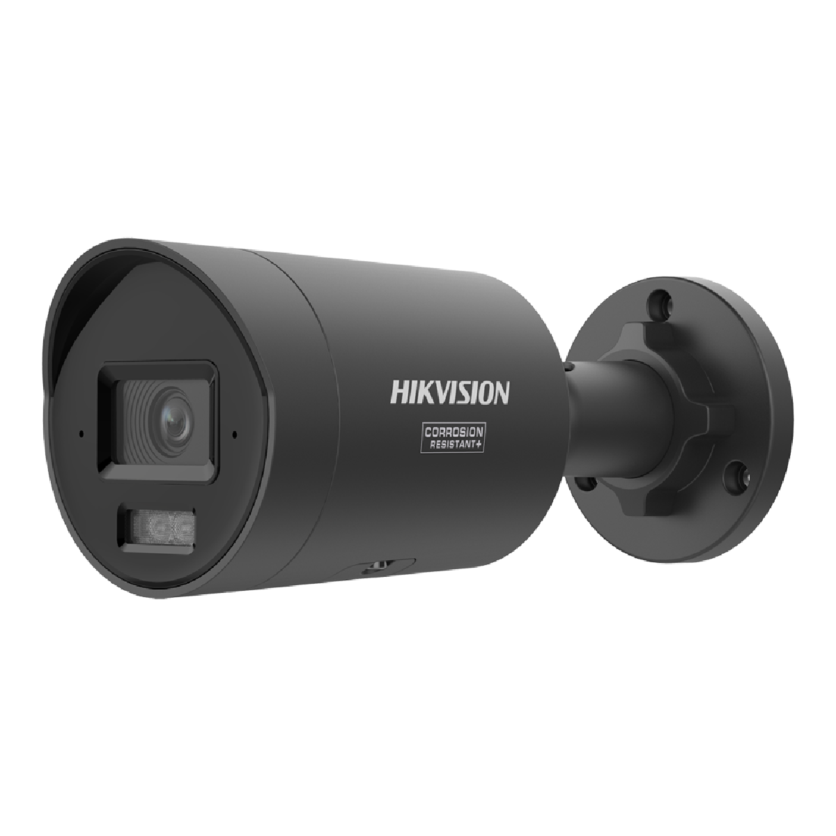 Eine schwarze Hikvision-Überwachungskamera mit zylindrischem Gehäuse und Wandhalterung auf weißem Hintergrund.