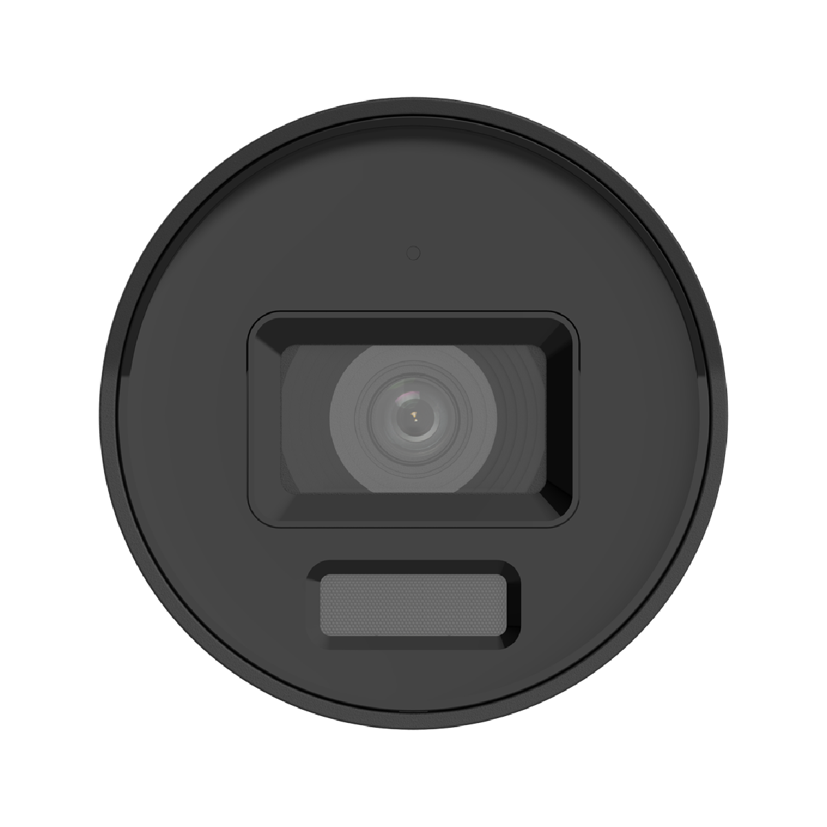 Vorderansicht einer schwarzen Sicherheitskamera mit runder Linse und rechteckigem Sensor vor weißem Hintergrund.