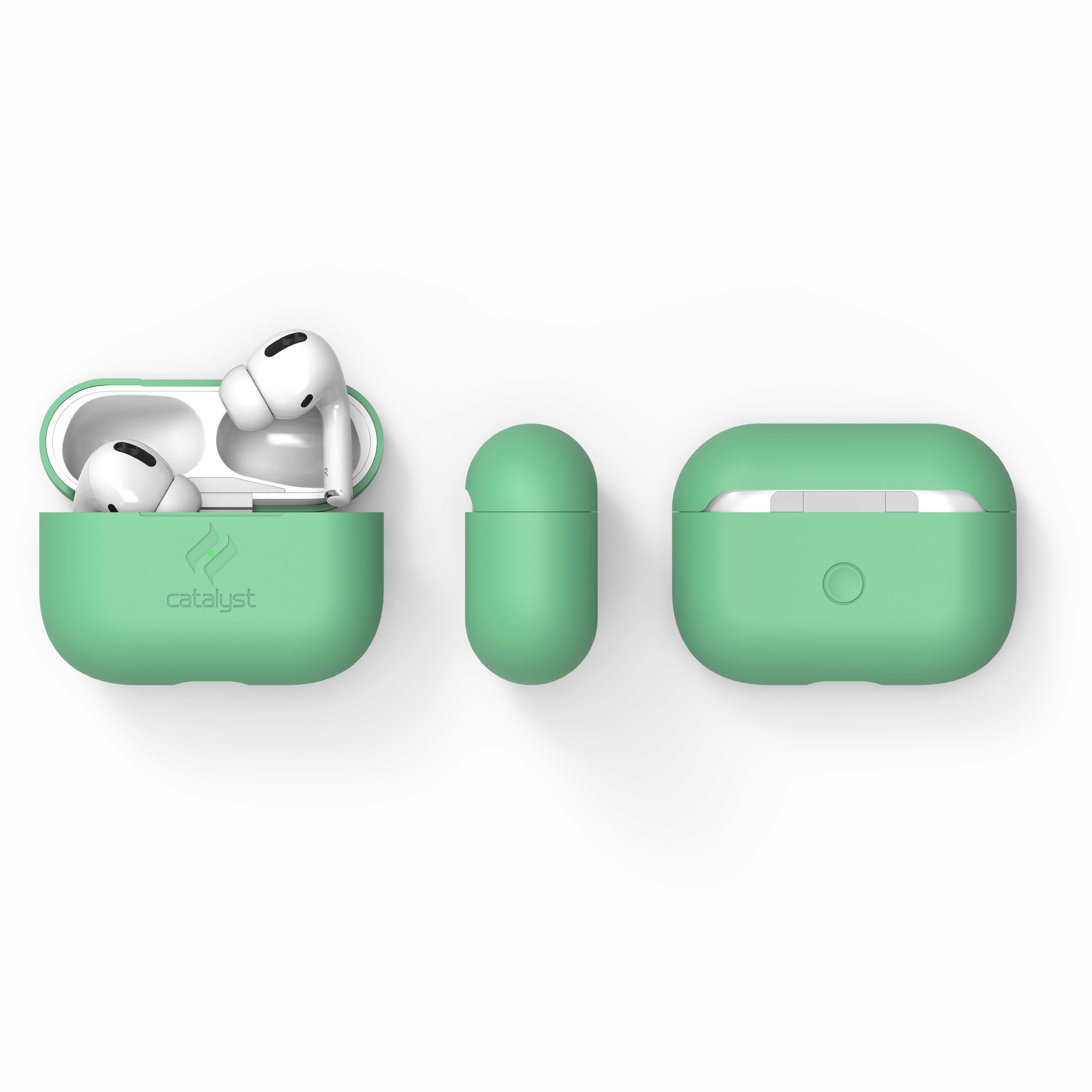 Grüne Schutzhüllen für AirPods Pro, gezeigt von vorne, der Seite und offen mit Kopfhörern gegen schwarzen Hintergrund.