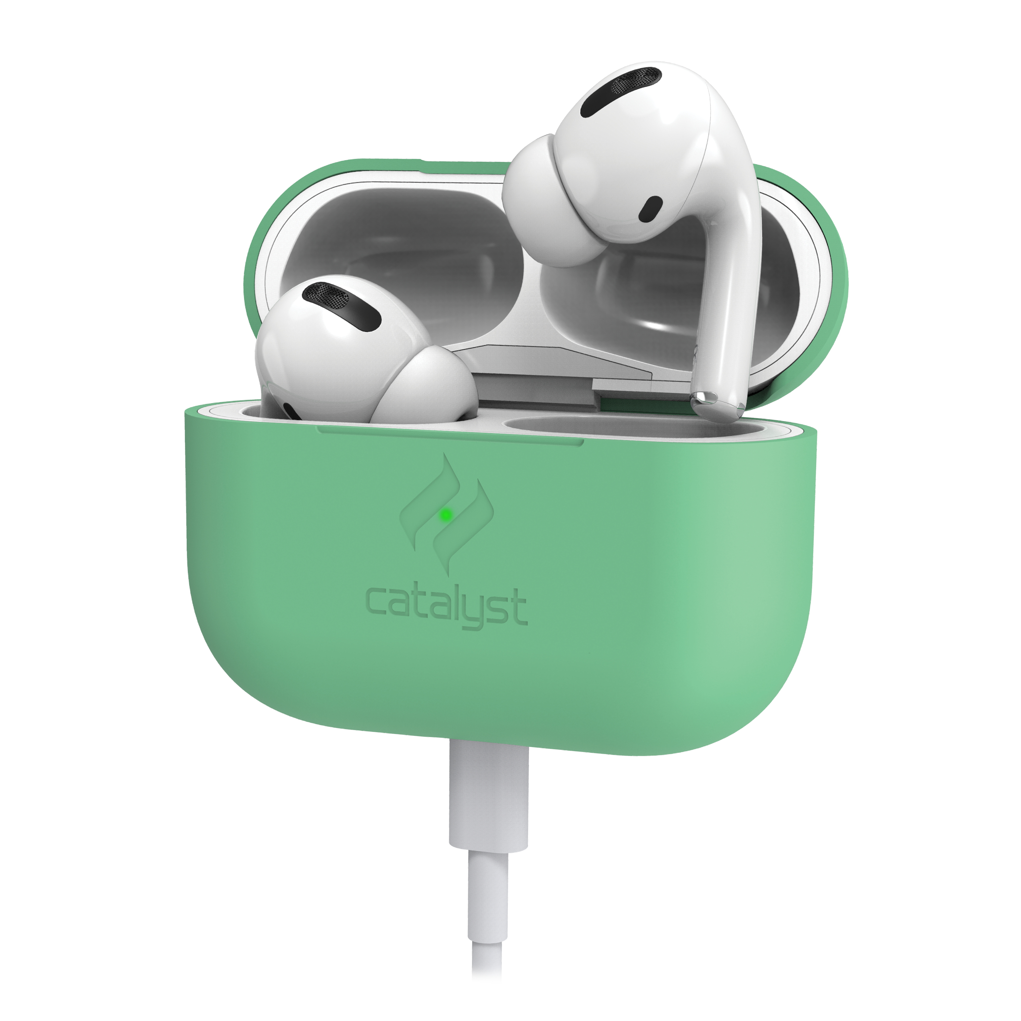 Weiße AirPods in einer mintgrünen Catalyst-Ladehülle mit angeschlossenem Kabel.