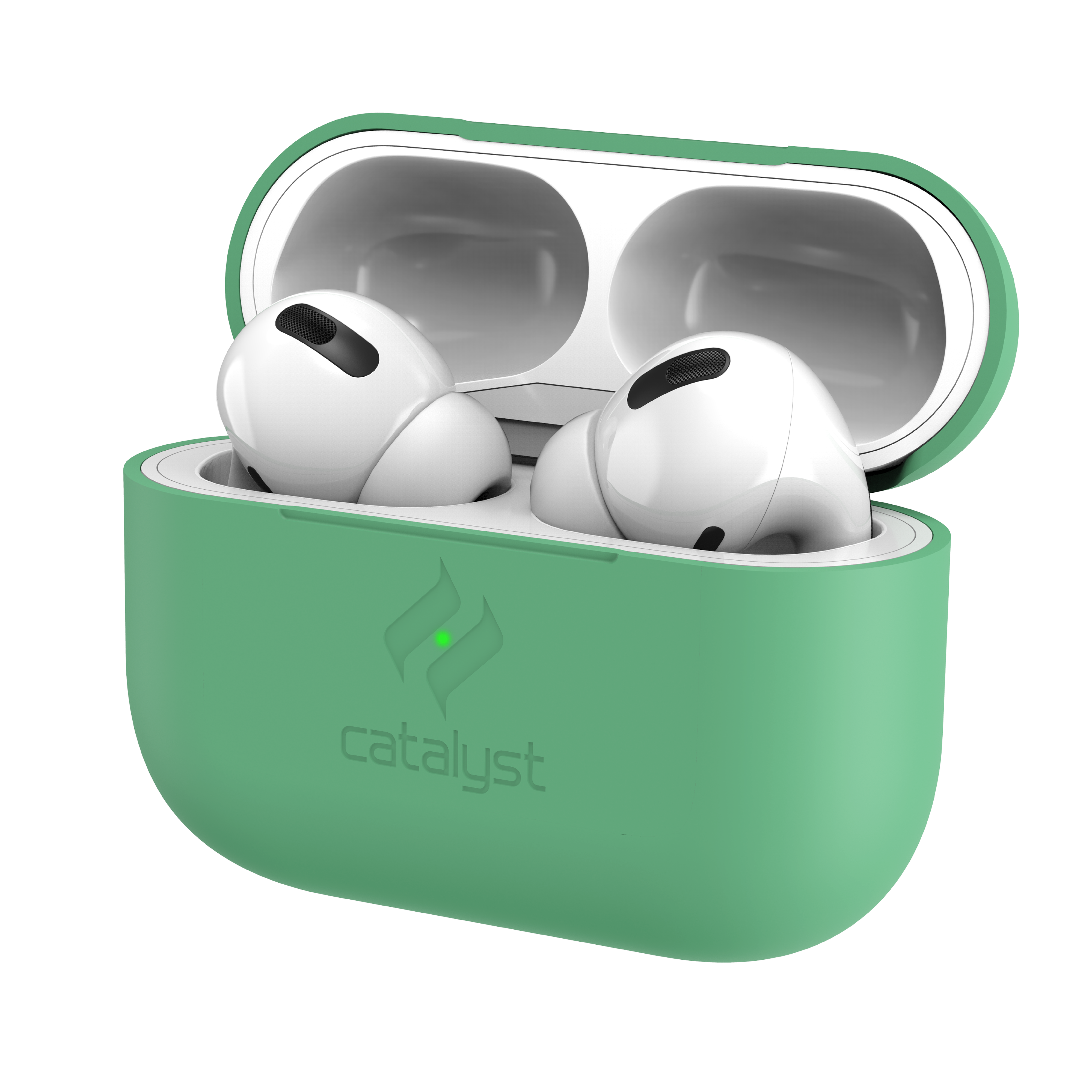 Weiße AirPods Pro im grünen Catalyst-Ladecase mit leuchtender LED vor schwarzem Hintergrund.