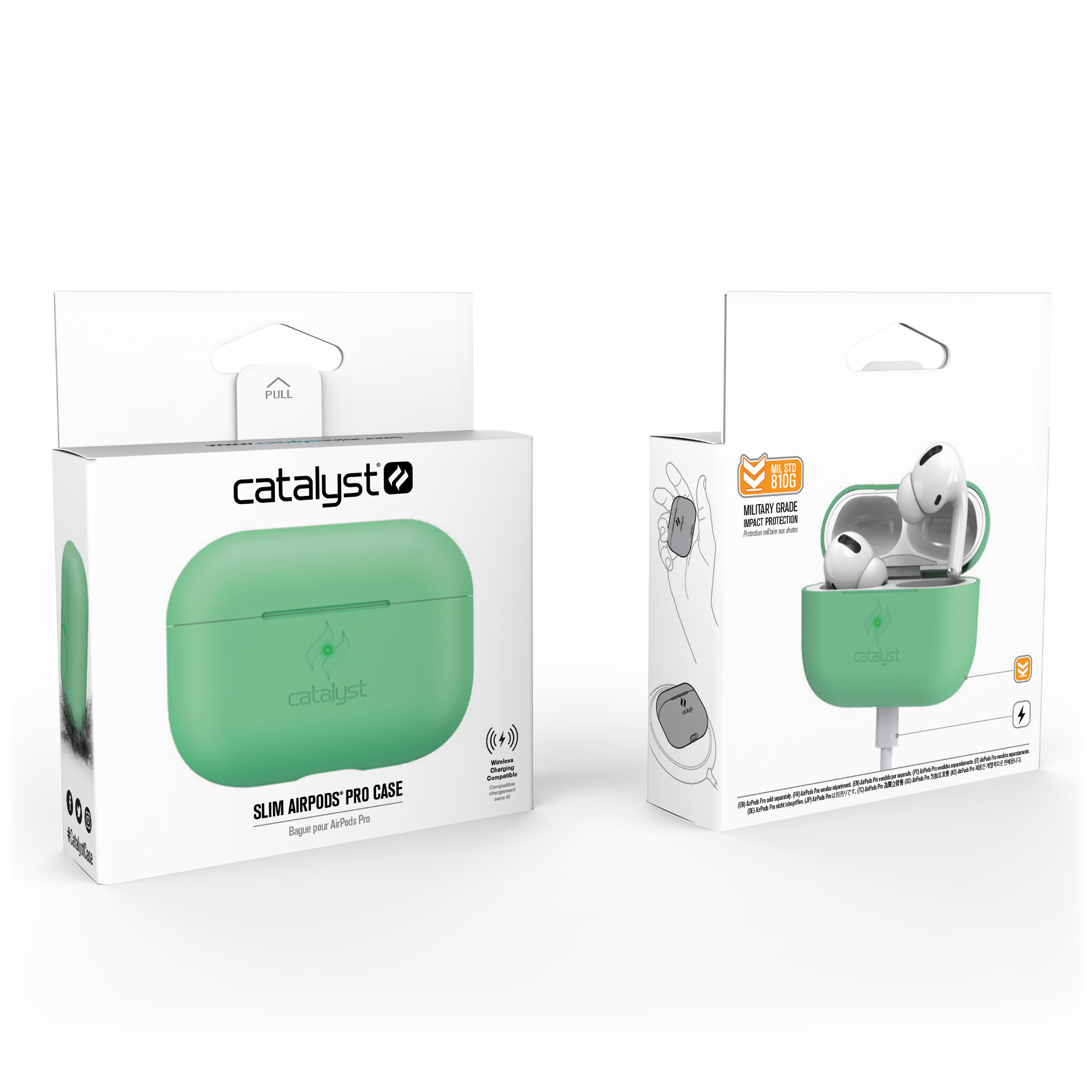 Zwei weiße Catalyst Slim AirPods Pro Case Verpackungen, eine zeigt die Vorderseite, die andere die geöffnete Hülle.