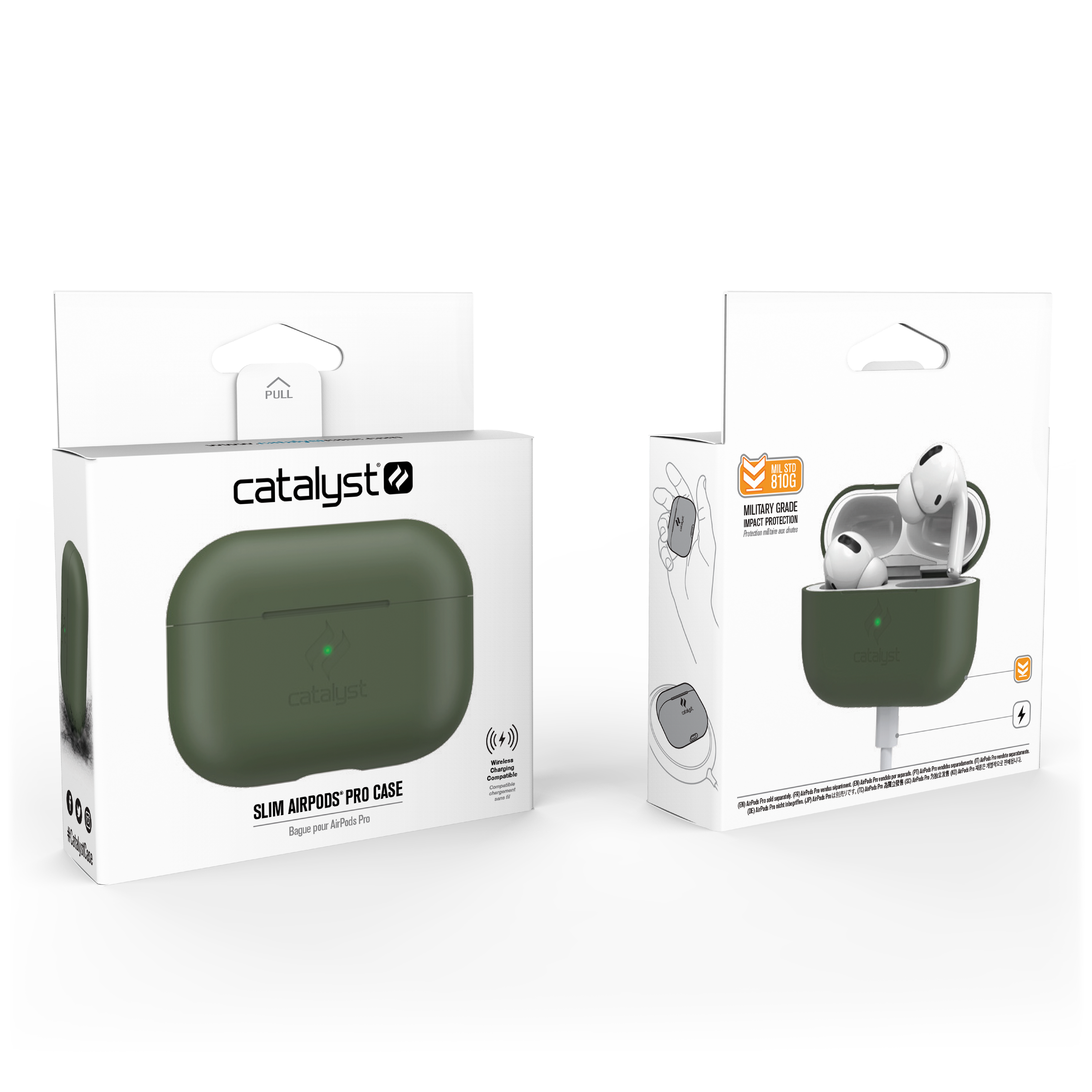 Zwei Produktverpackungen für grüne Catalyst Slim AirPods Pro Hüllen auf schwarzem Hintergrund.